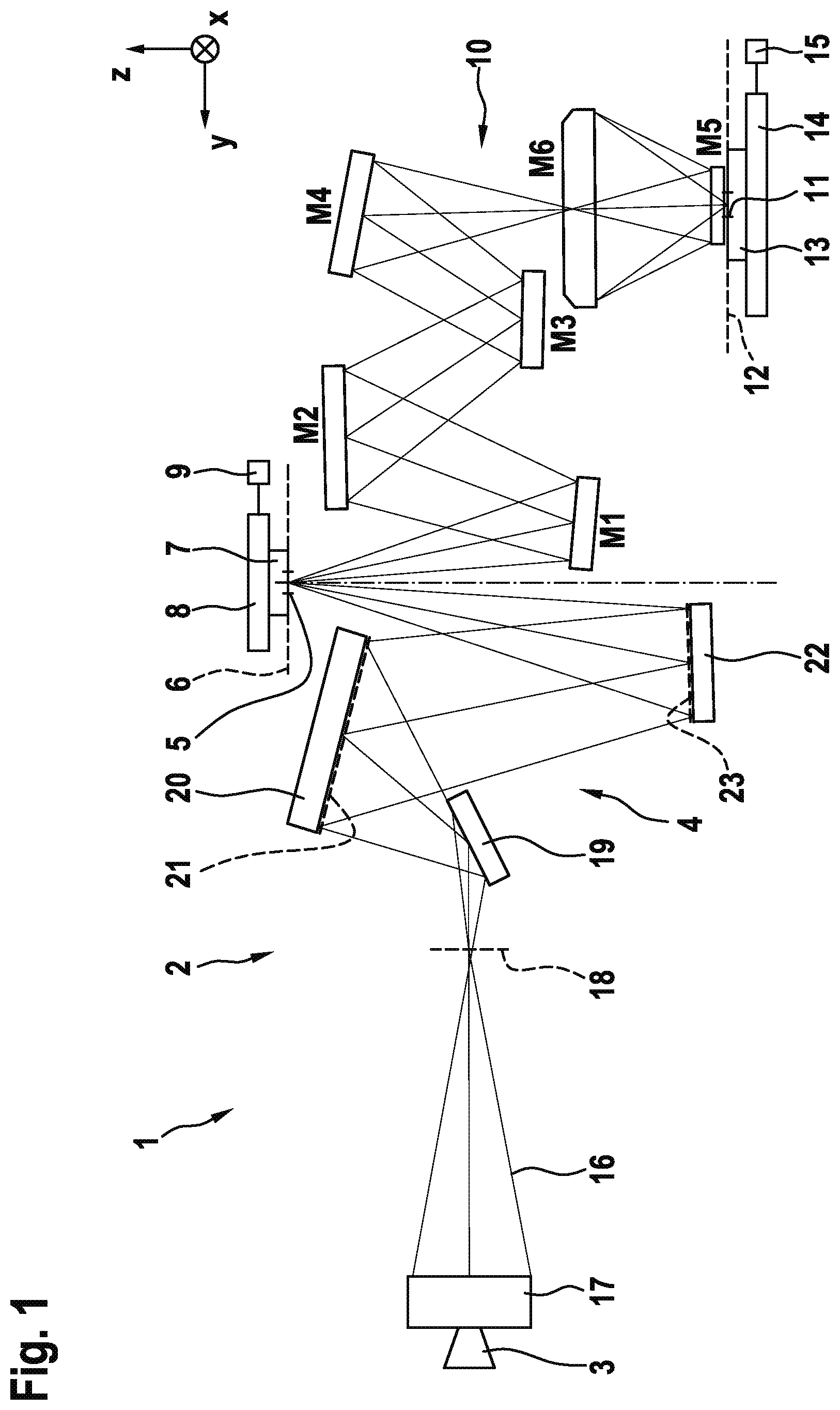 Patent US12306551 Figure 1 – Projection exposure apparatus having a device for determining the concentration of atomic hydrogen