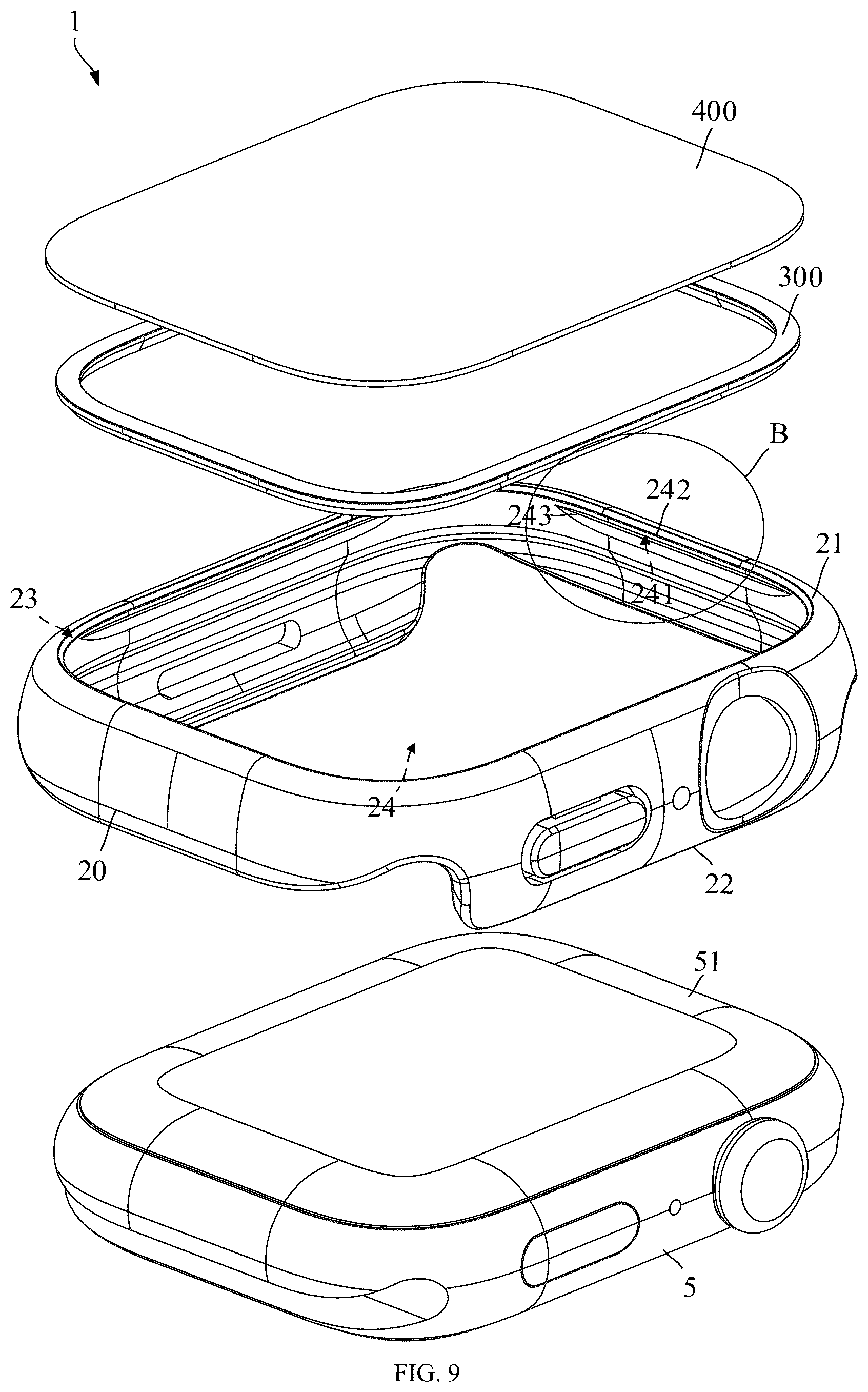 Patent US12306587 Figure 7 – Waterproof bezel, light-transmissive watch panel, and watch protection case