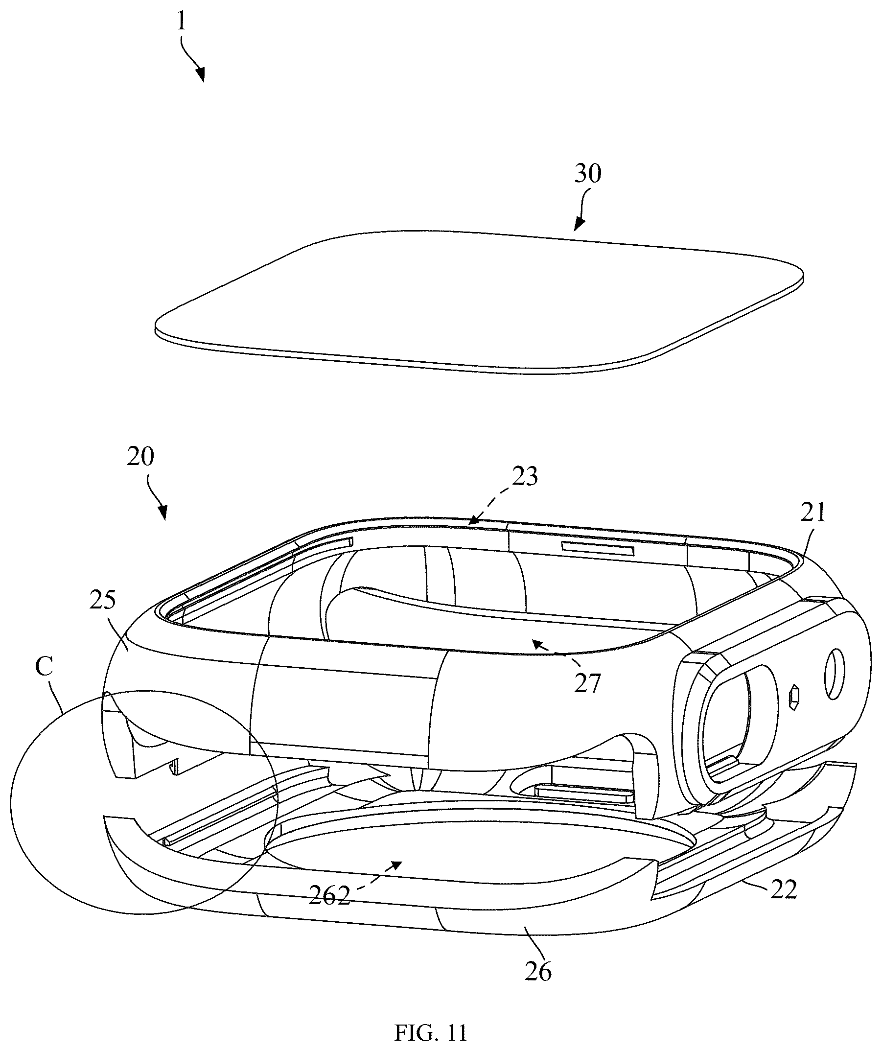 Patent US12306587 Figure 9 – Waterproof bezel, light-transmissive watch panel, and watch protection case