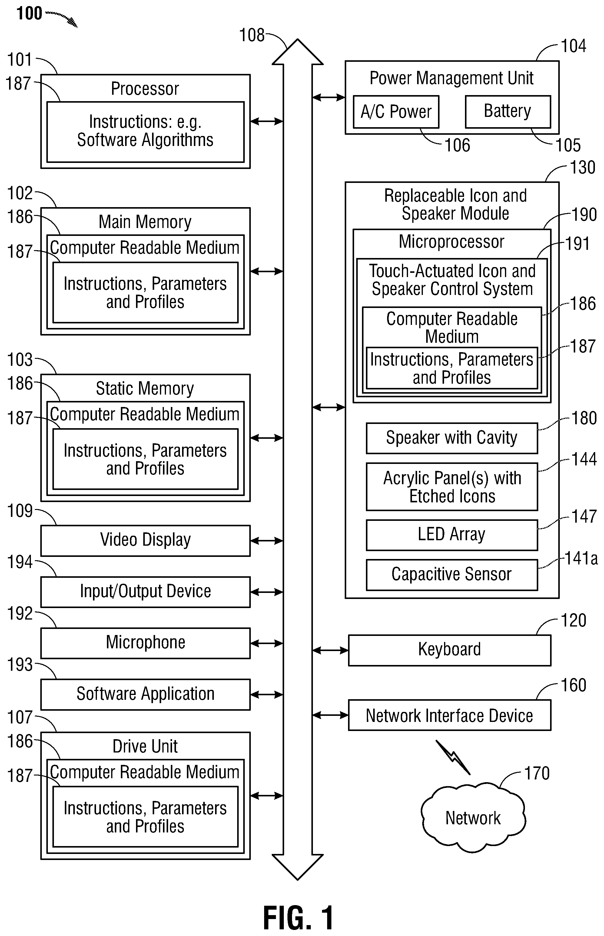 Patent US12306675 Figure 1 – System and method of manufacture for replaceable icon and speaker module with animated touch-actuated icons