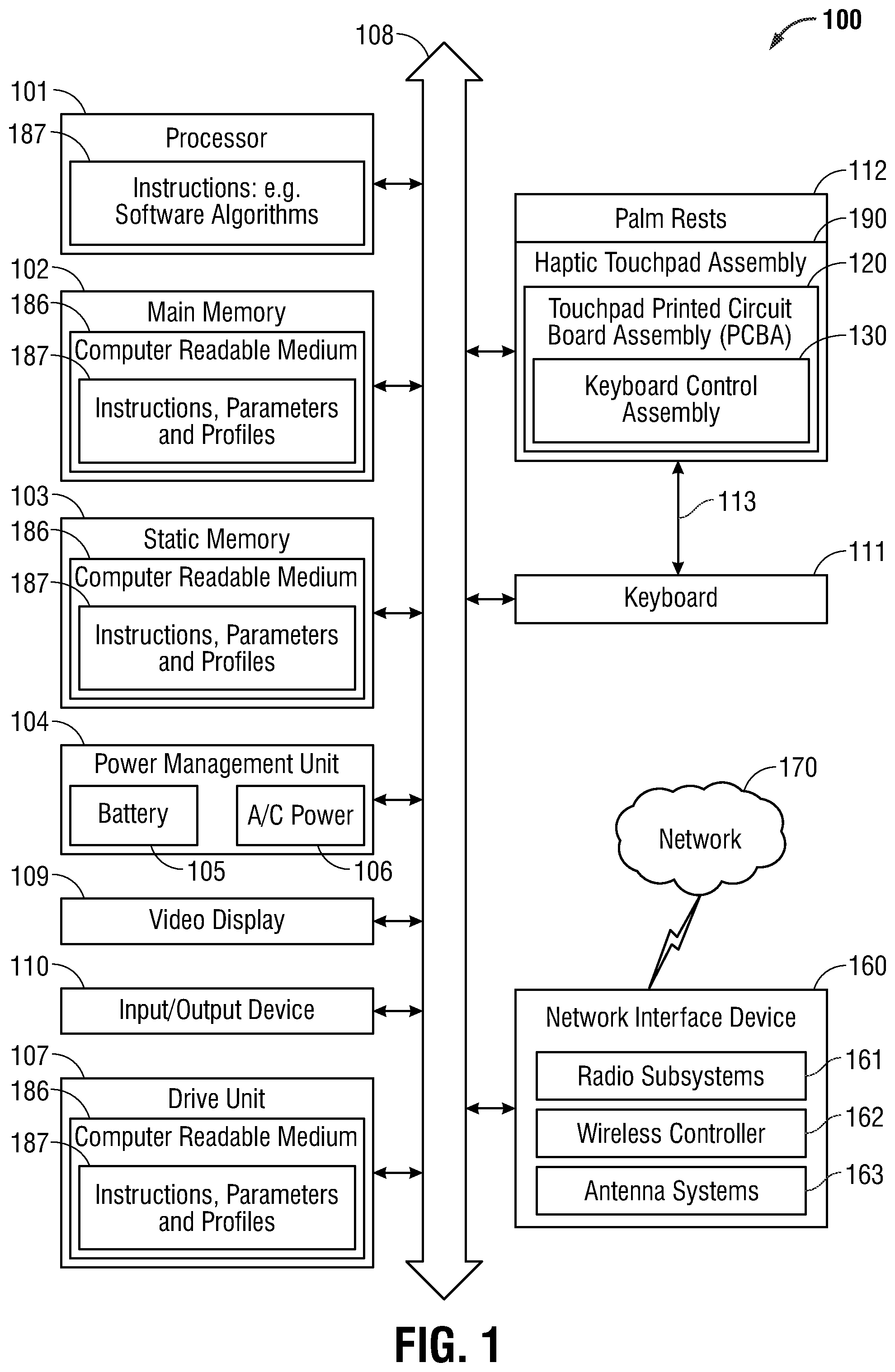 Patent US12306679 Figure 1 – System and method of manufacturing a haptic touchpad and palm rest assembly with light-diffusing composite substrate of woven glass fiber impregnated with polycarbonate