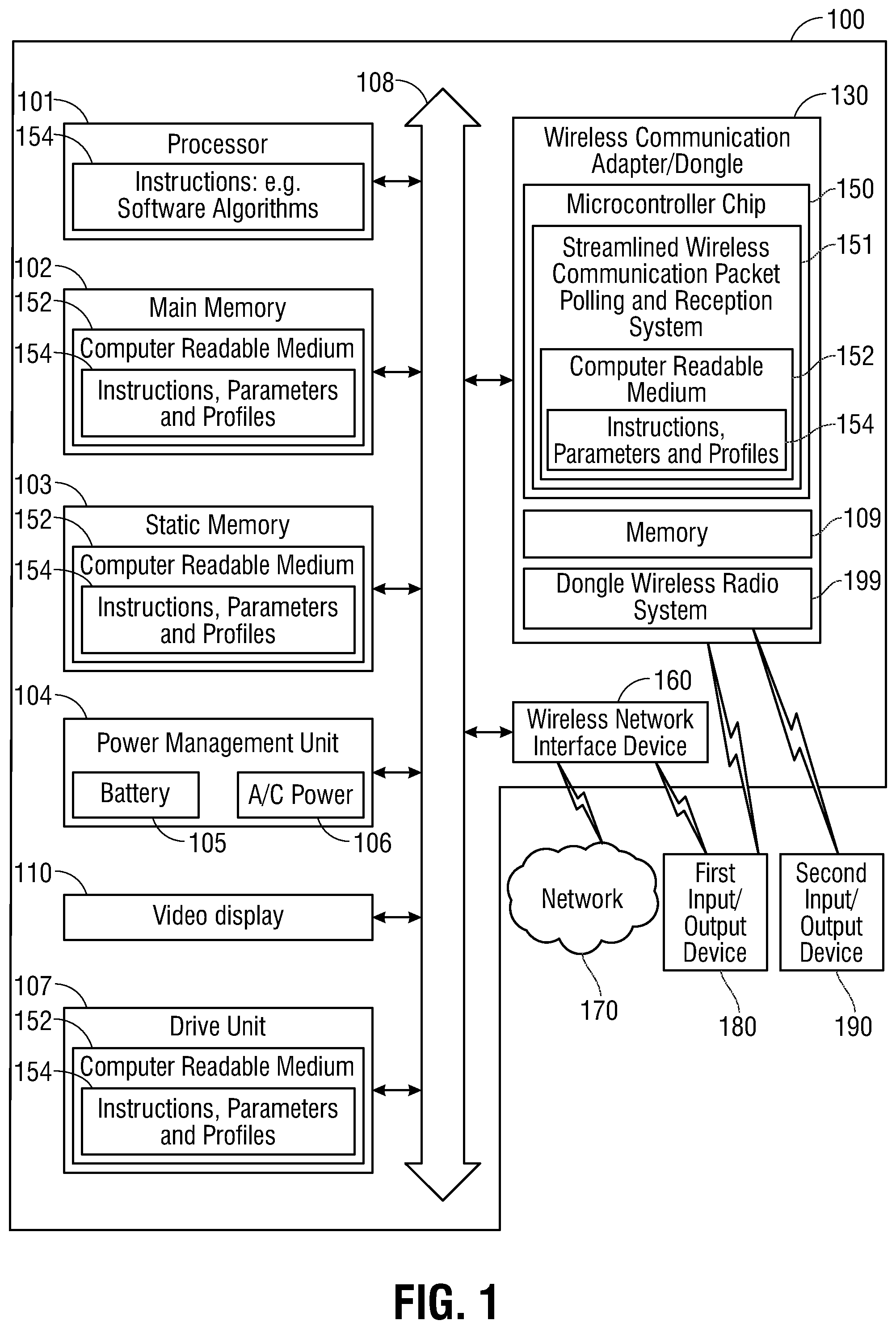 Patent US12306770 Figure 1 – System and method for dynamically adjusting packet payload polling and reception for wireless input/output (IO) devices