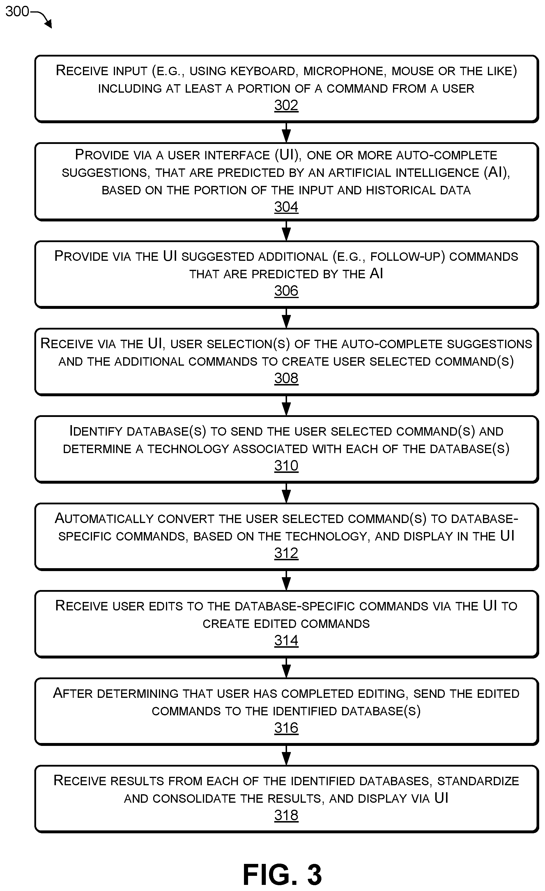 Patent US12306827 Figure 3 – Managing multiple types of databases using a single user interface (UI) that includes voice recognition and artificial intelligence (AI)