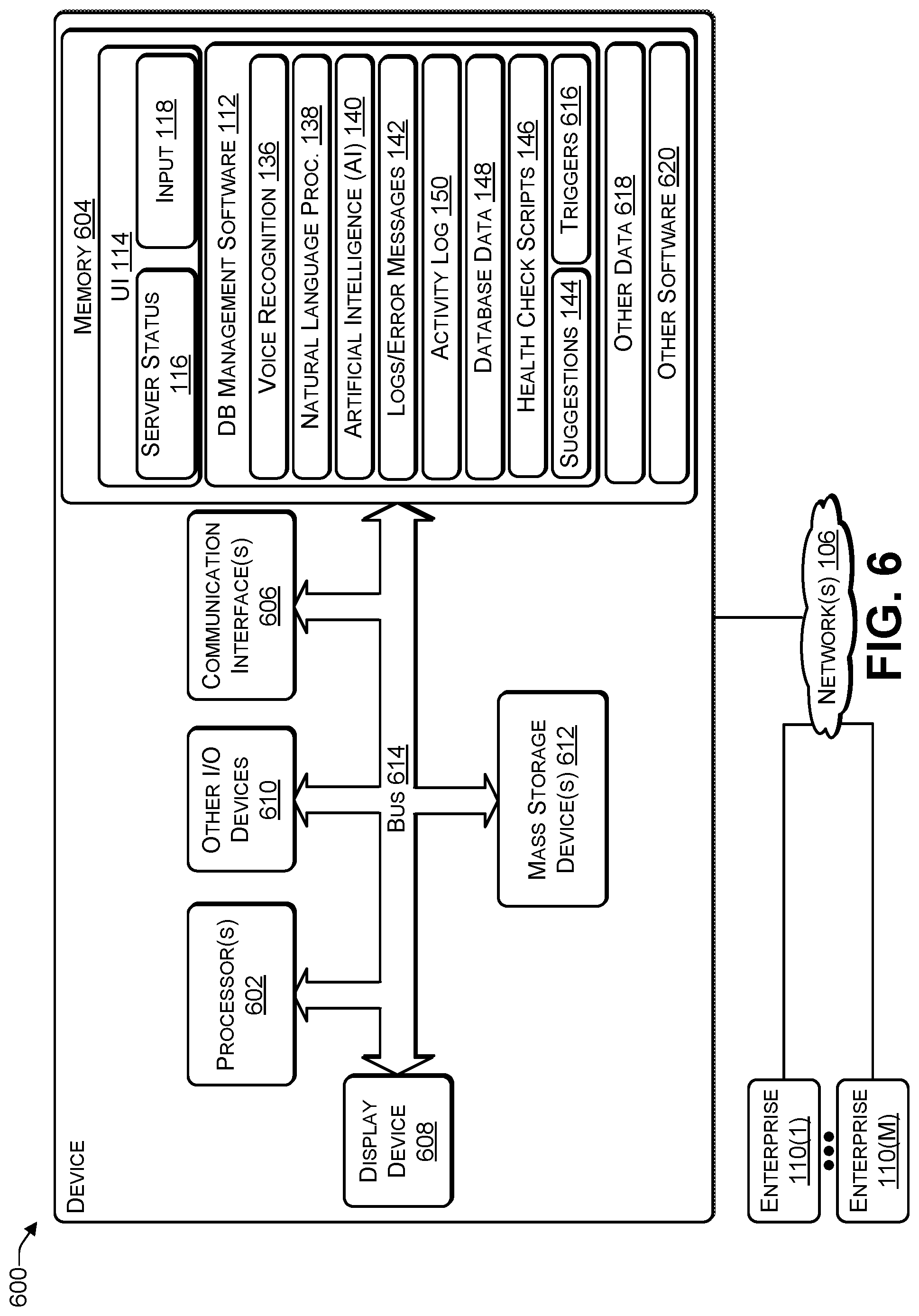 Patent US12306827 Figure 6 – Managing multiple types of databases using a single user interface (UI) that includes voice recognition and artificial intelligence (AI)
