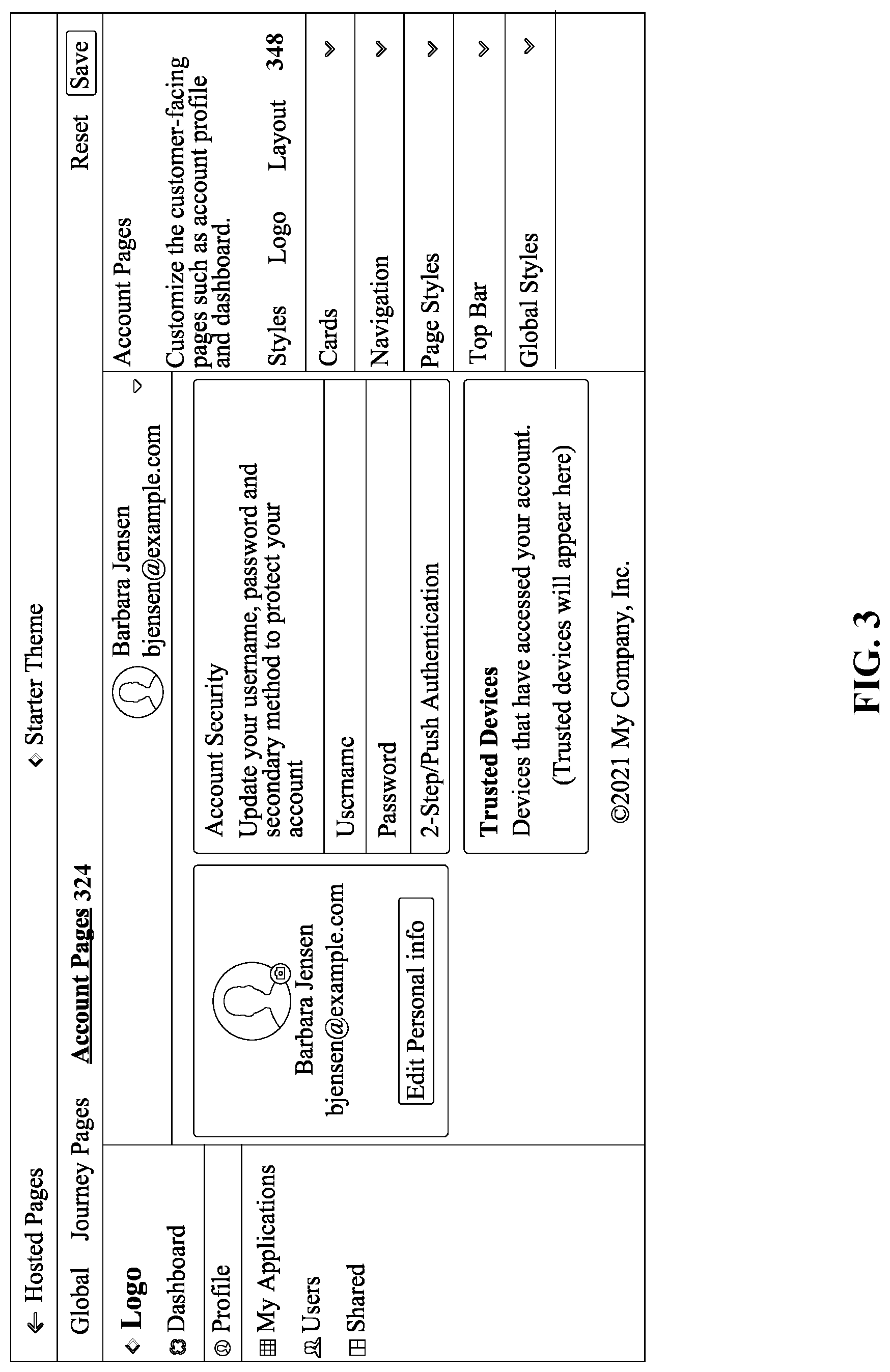 Patent US12306914 Figure 3 – Console-based no-code/low-code theme management for authentication journeys