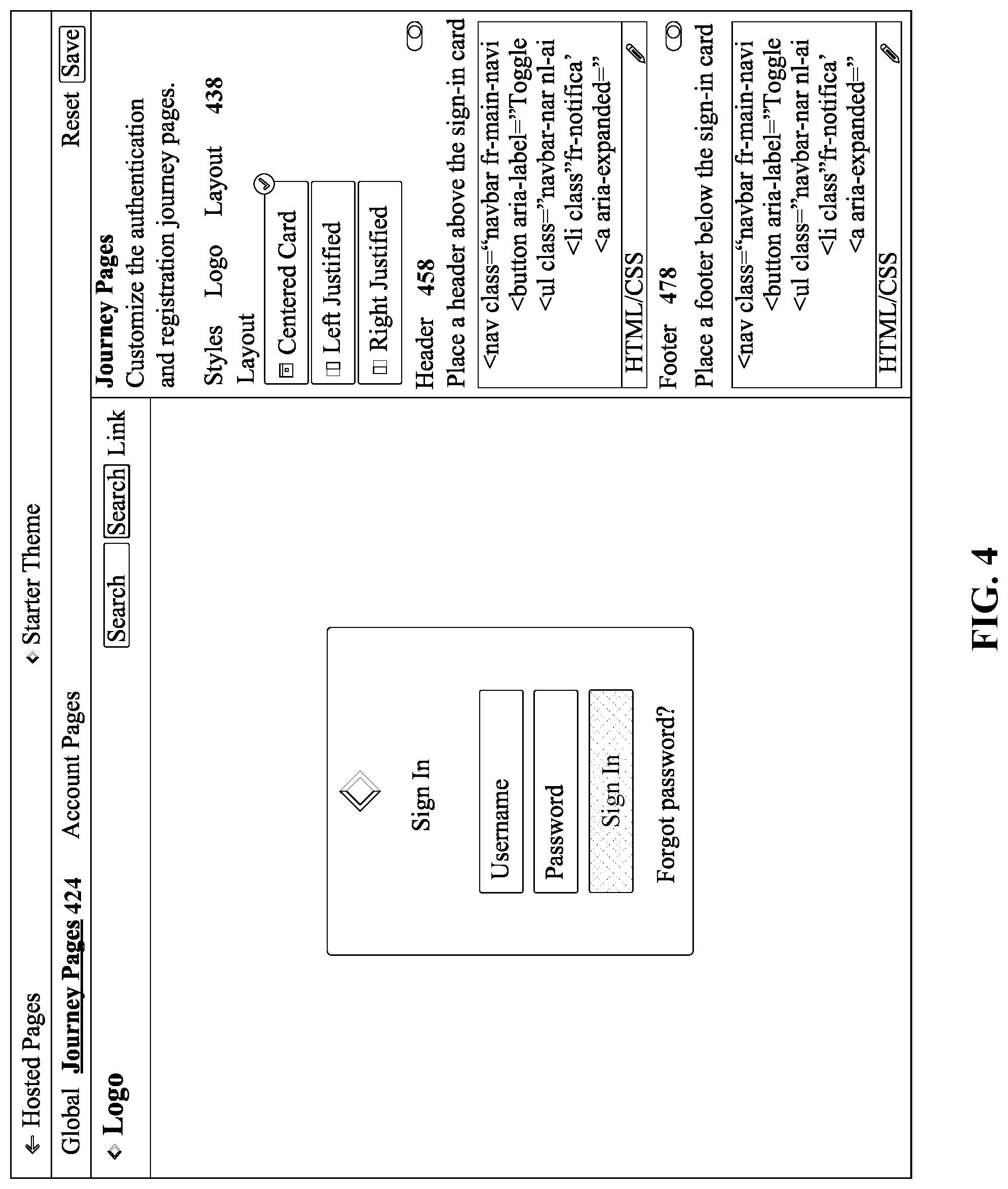 Patent US12306914 Figure 4 – Console-based no-code/low-code theme management for authentication journeys