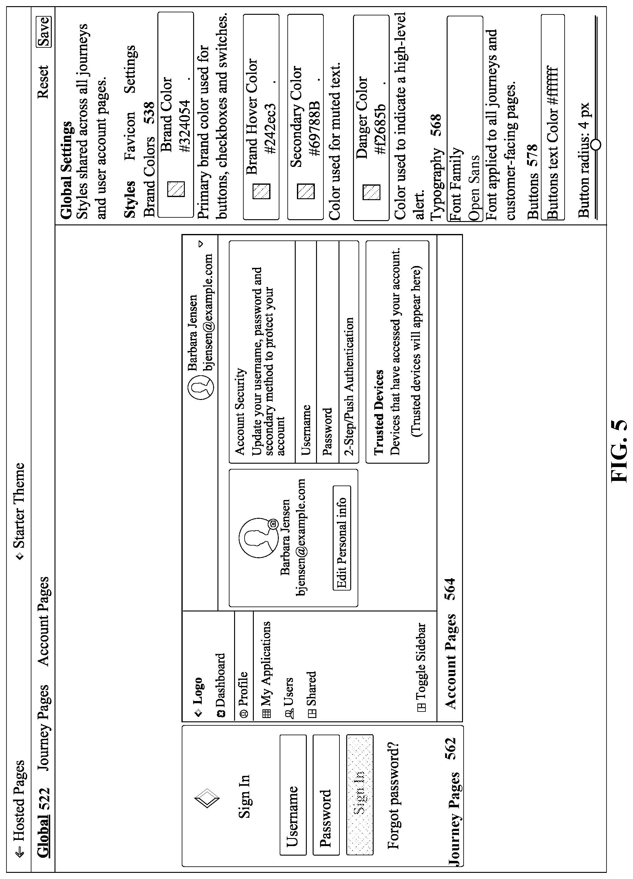 Patent US12306914 Figure 5 – Console-based no-code/low-code theme management for authentication journeys