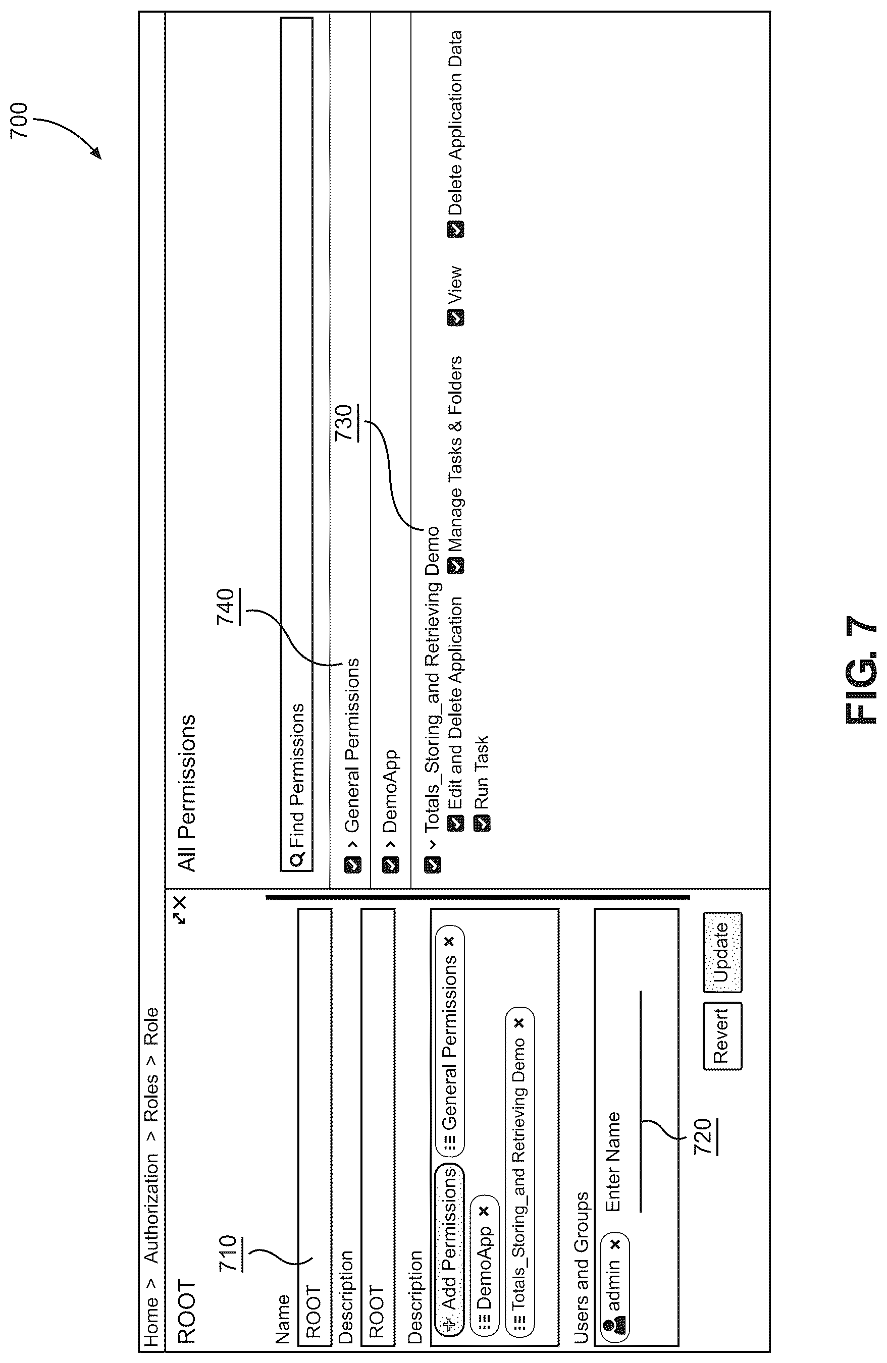 Patent US12306982 Figure 7 – Systems using an authorization service user interface for secure role-based access control