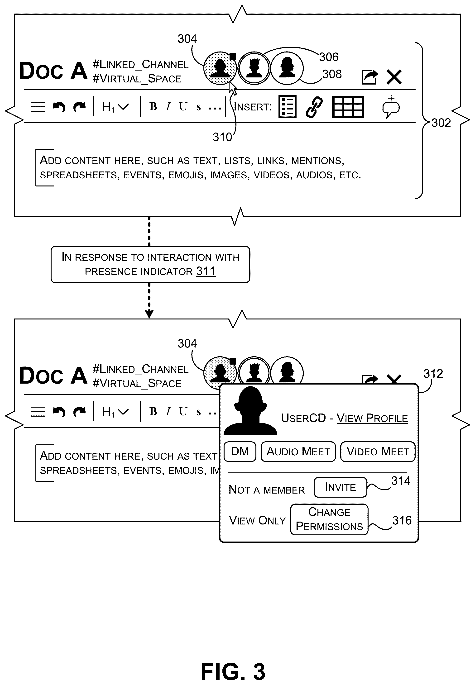 Patent US12307063 Figure 3 – Indicating user interactions associated with a document