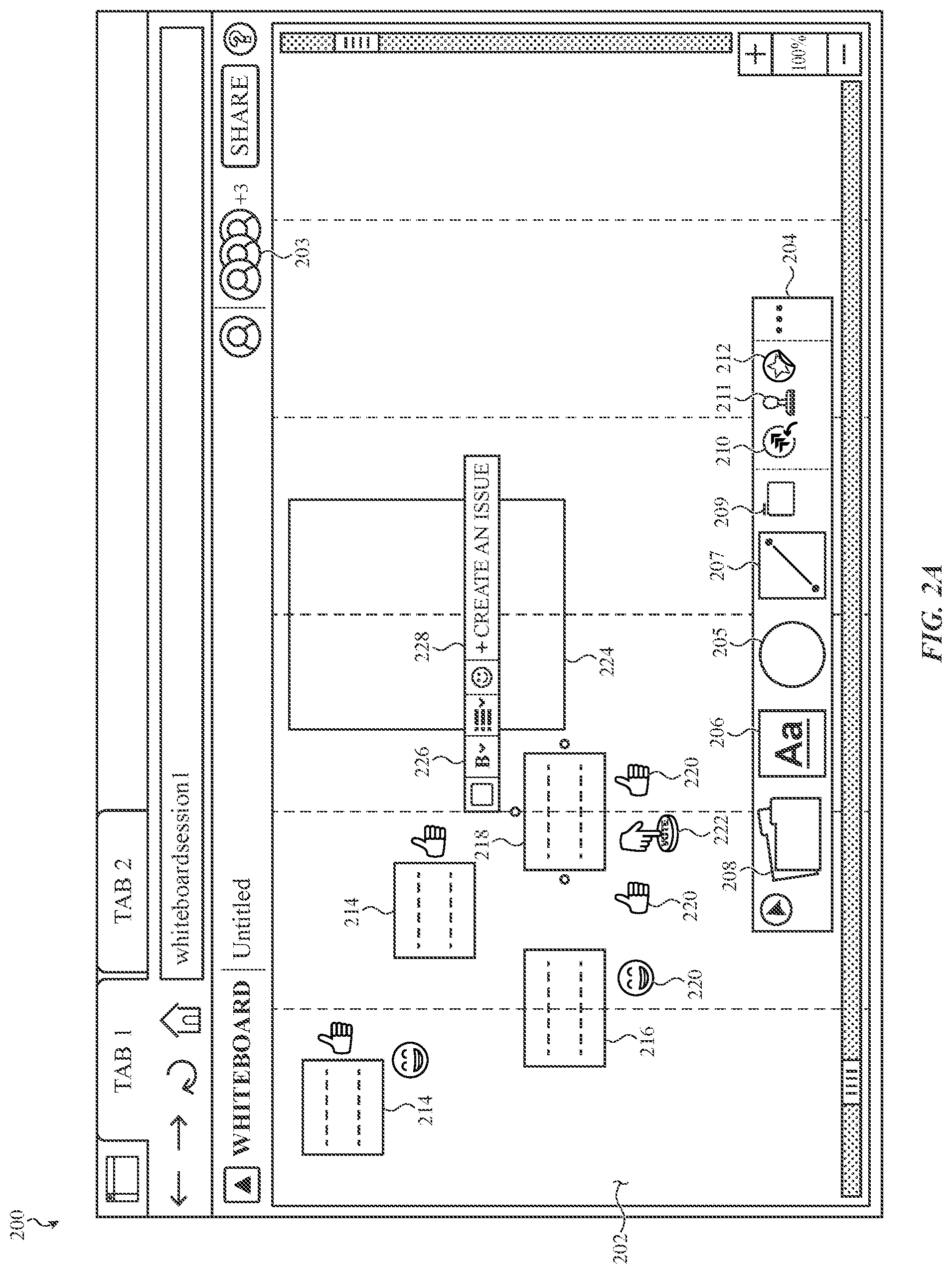 Patent US12307071 Figure 2 – Virtual whiteboard platform having an interface for issue object creation in an issue tracking platform