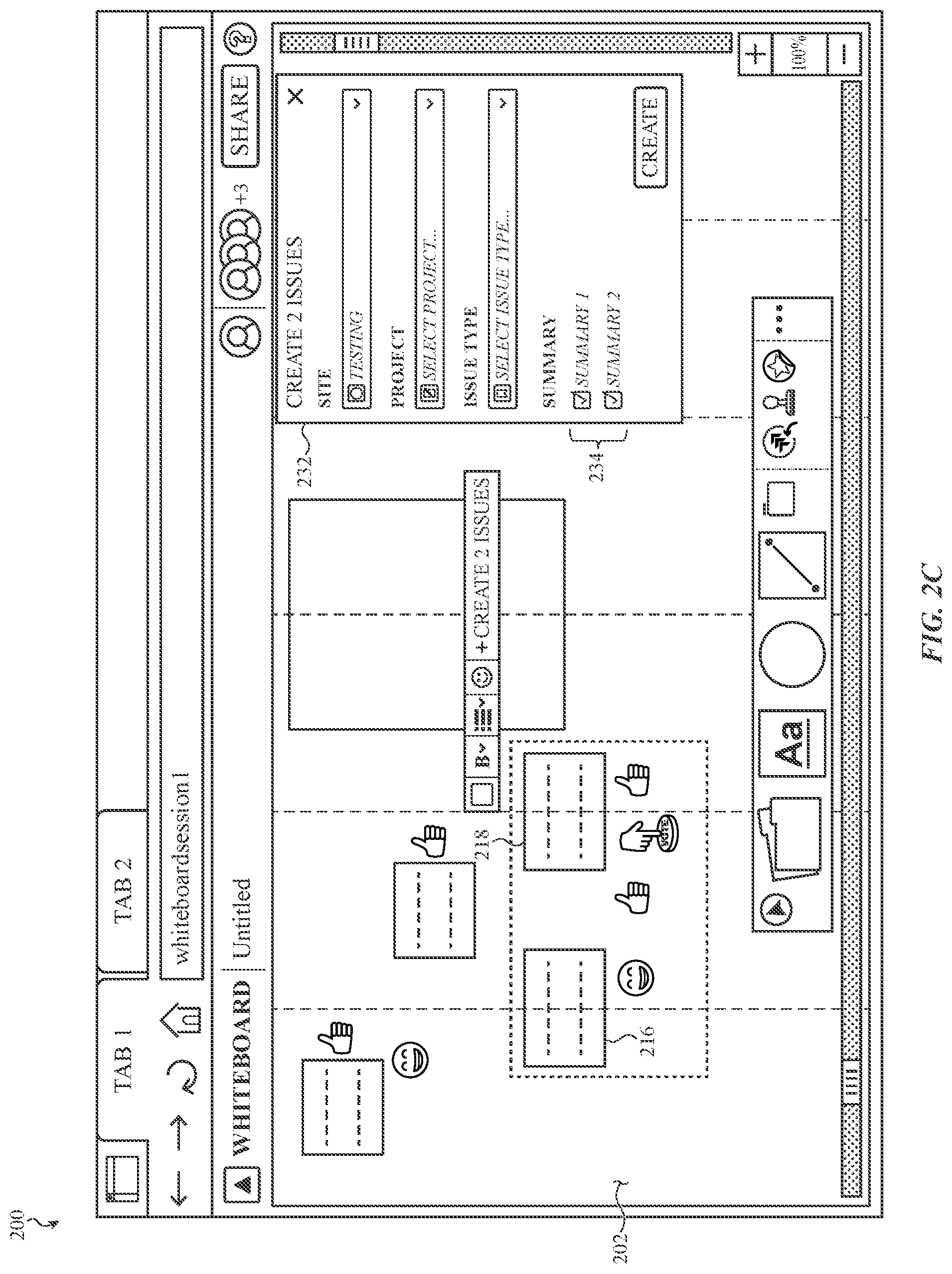 Patent US12307071 Figure 4 – Virtual whiteboard platform having an interface for issue object creation in an issue tracking platform