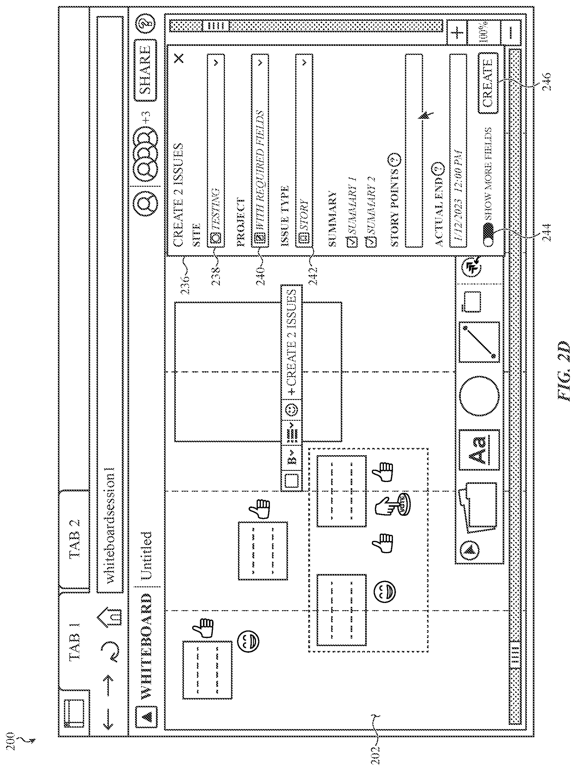 Patent US12307071 Figure 5 – Virtual whiteboard platform having an interface for issue object creation in an issue tracking platform
