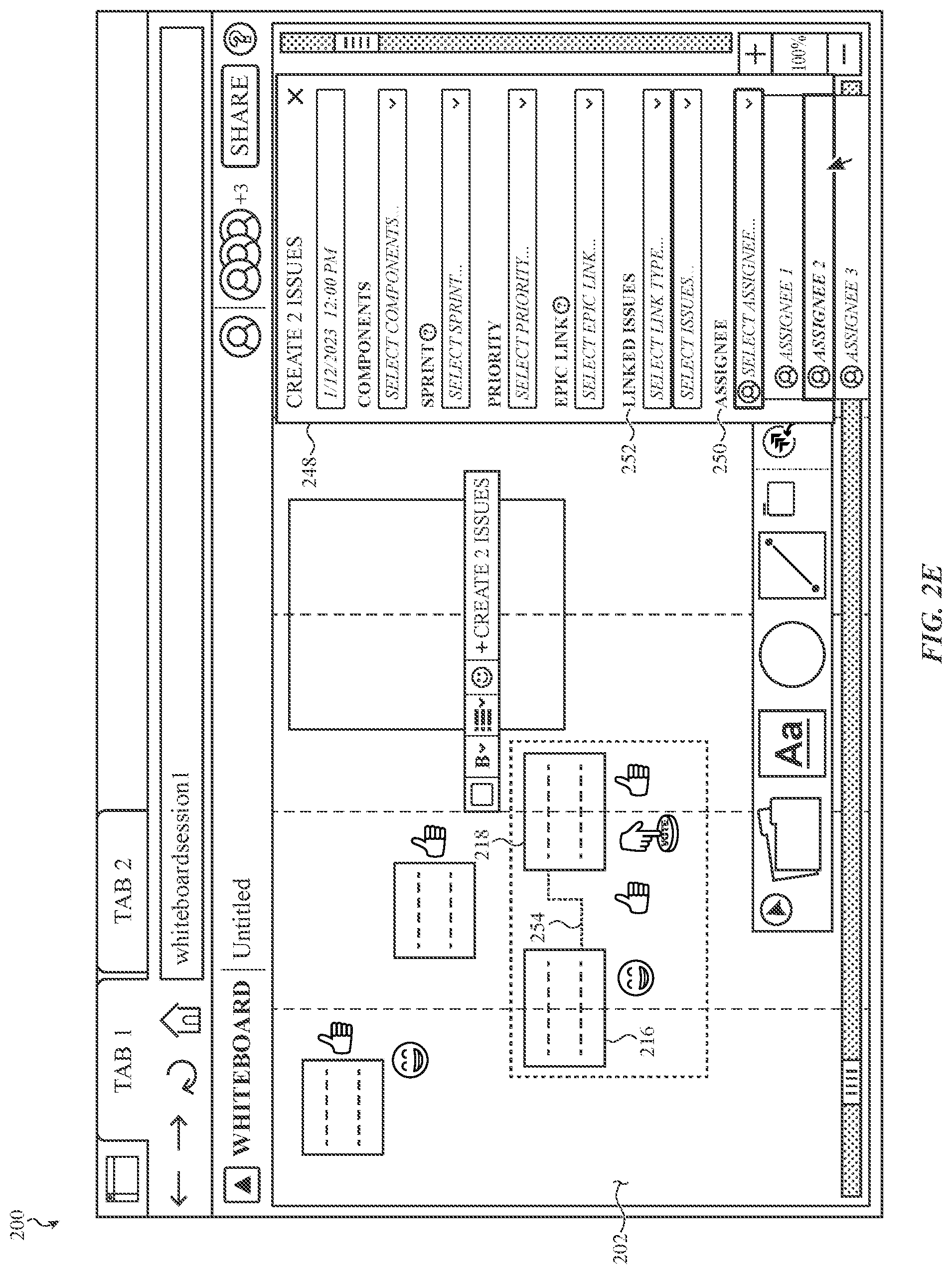 Patent US12307071 Figure 6 – Virtual whiteboard platform having an interface for issue object creation in an issue tracking platform