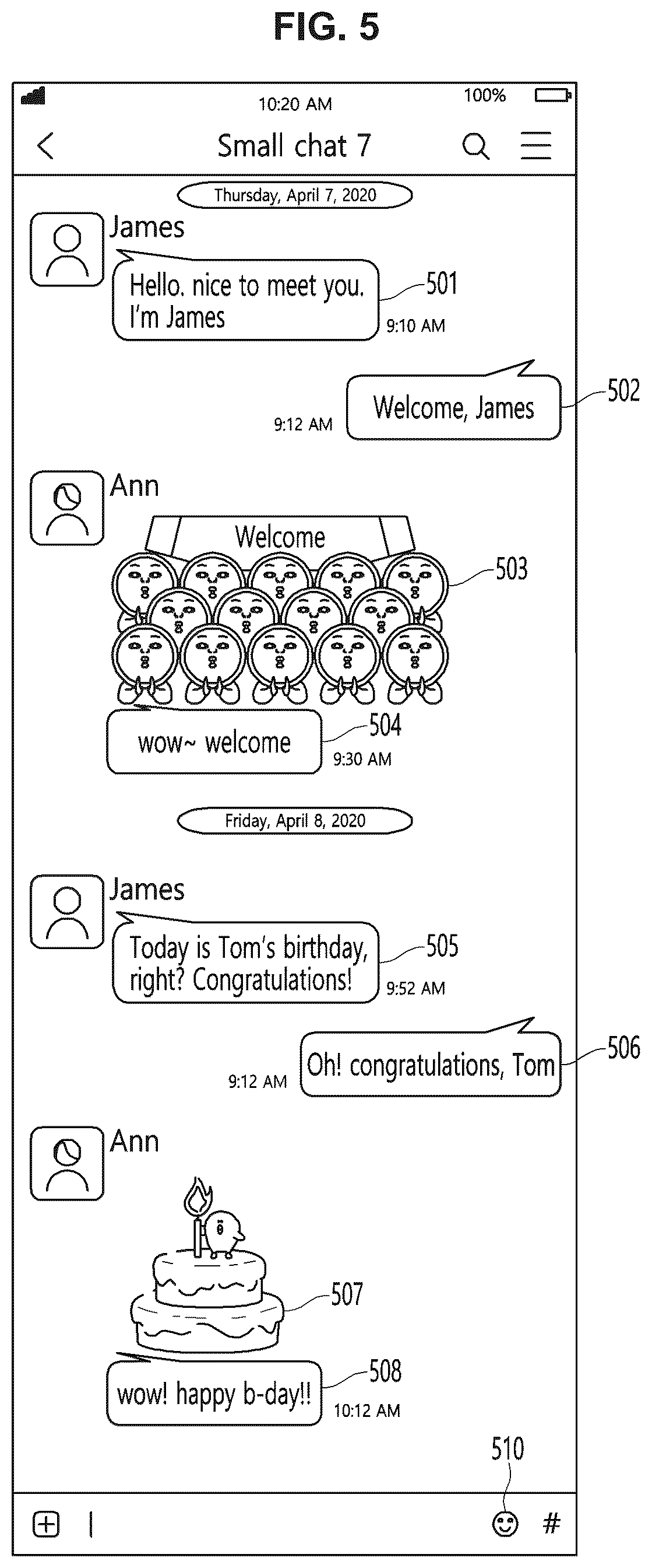 Patent US12307086 Figure 5 – Method and user terminal for recommending emoticons based on conversation information