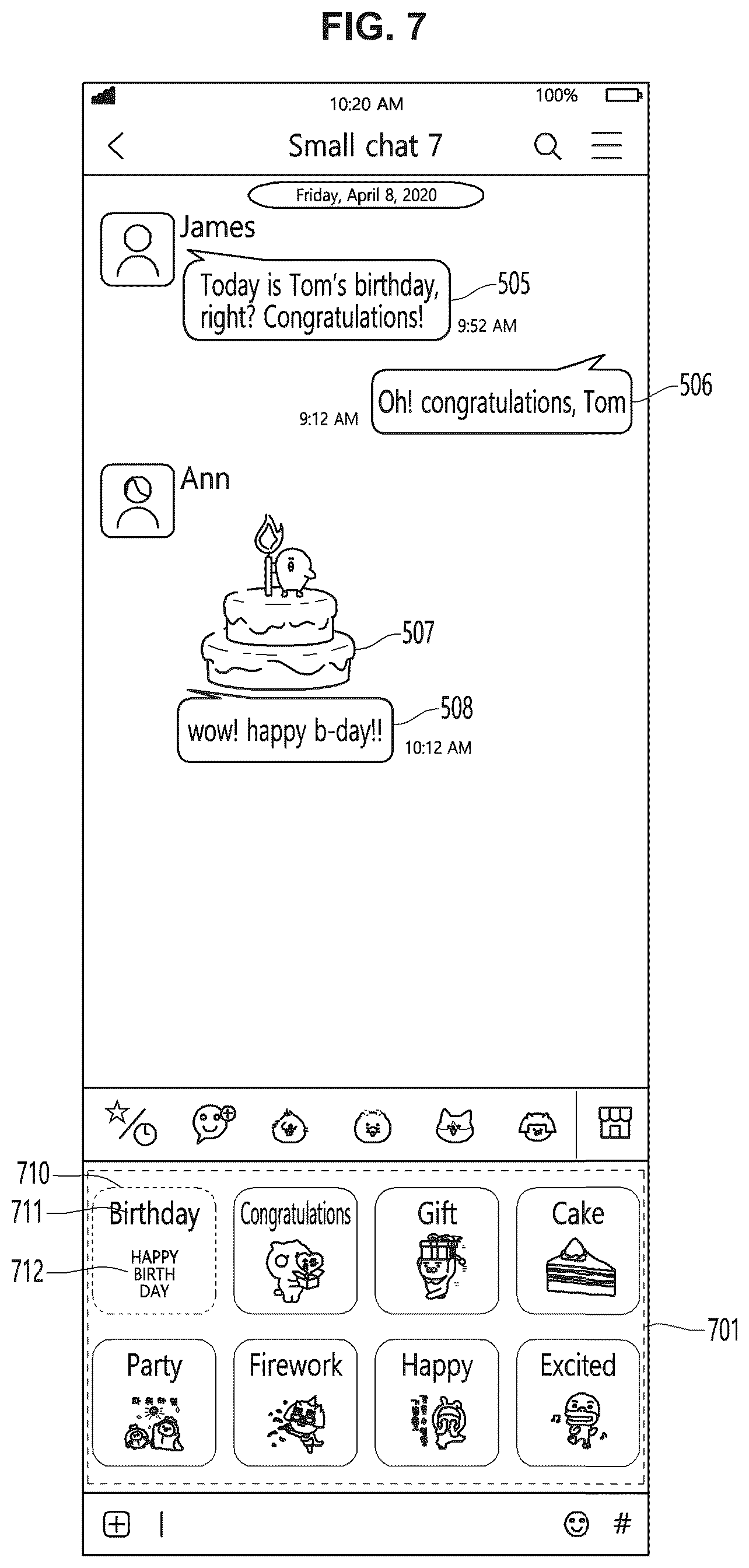 Patent US12307086 Figure 7 – Method and user terminal for recommending emoticons based on conversation information