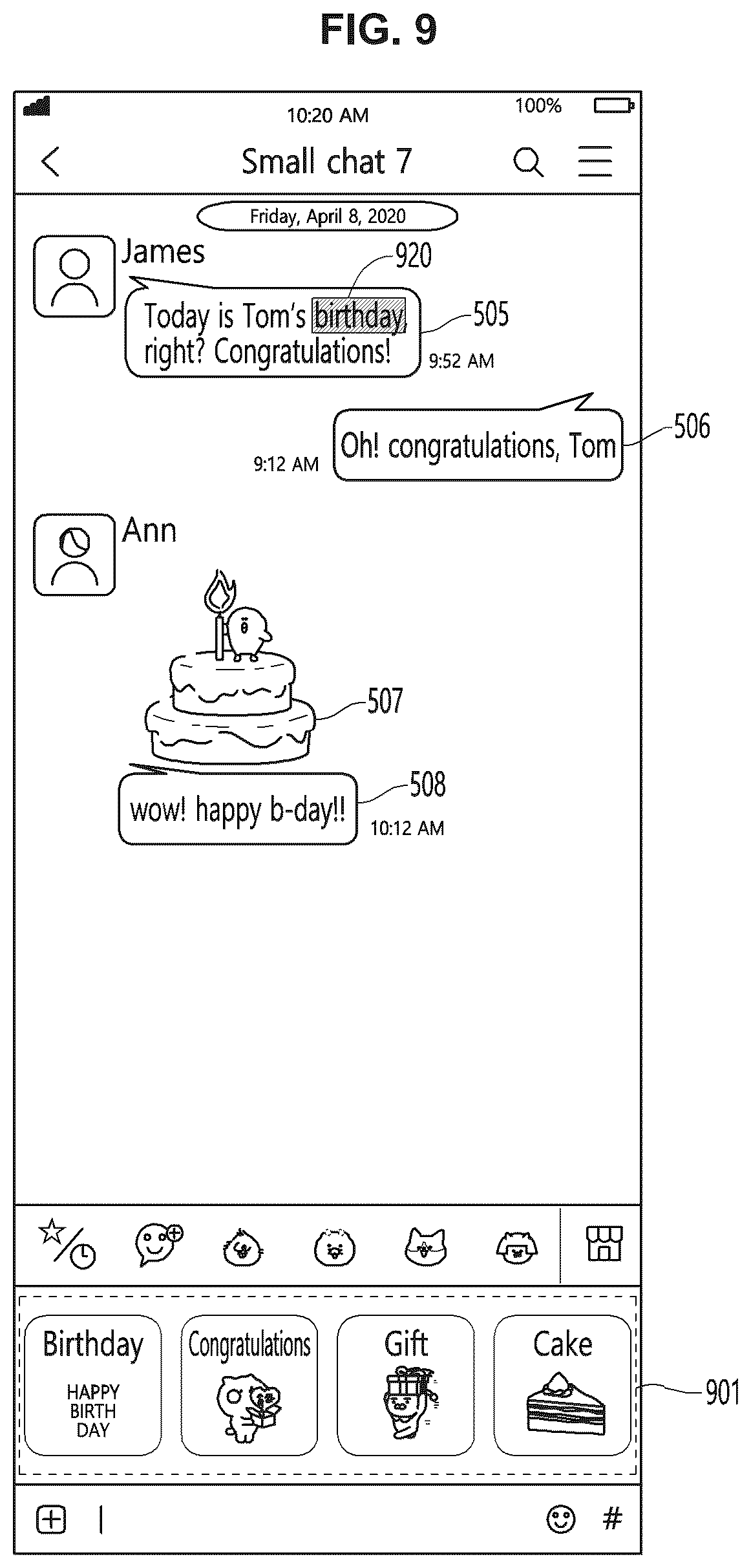Patent US12307086 Figure 9 – Method and user terminal for recommending emoticons based on conversation information