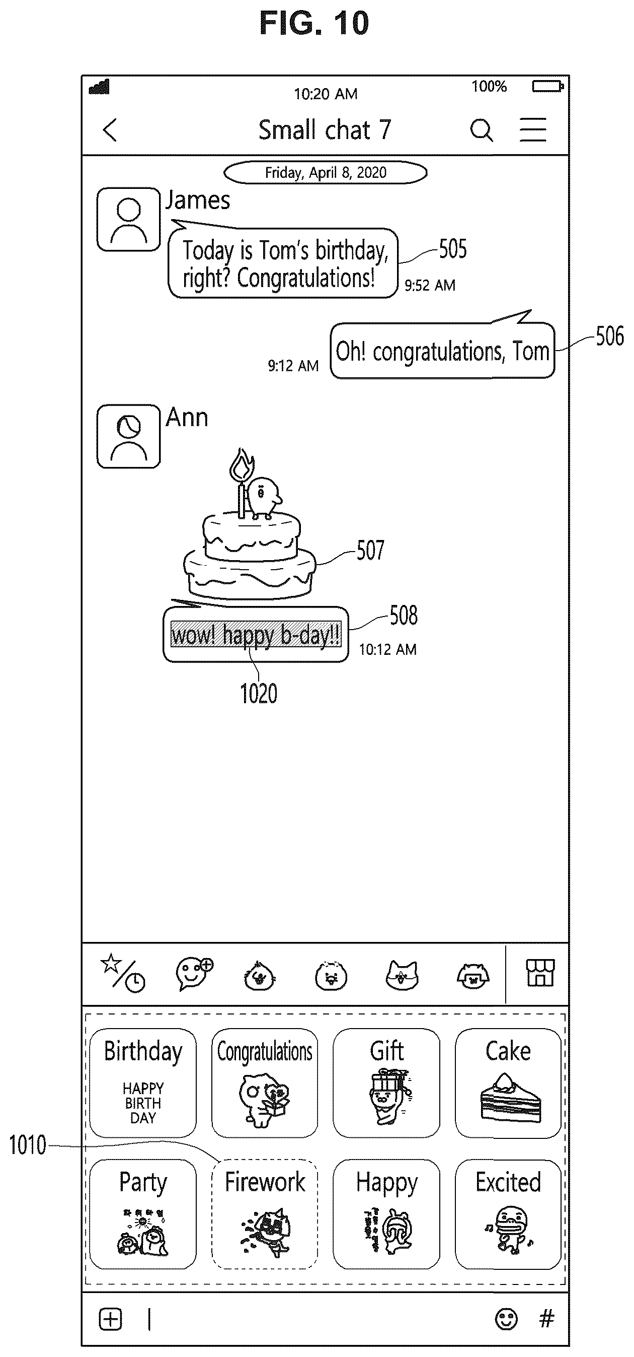 Patent US12307086 Figure 10 – Method and user terminal for recommending emoticons based on conversation information