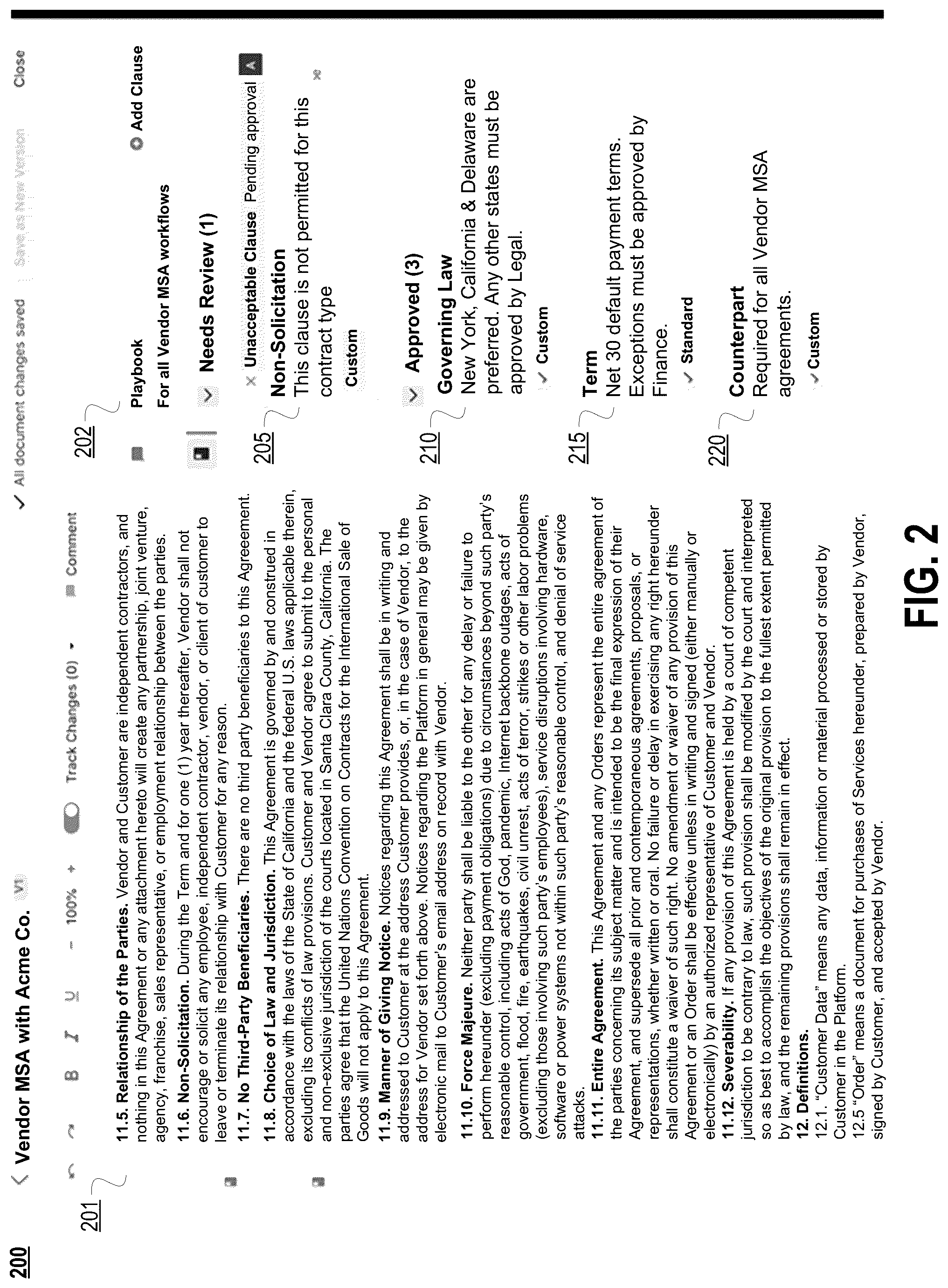 Patent US12307211 Figure 2 – Using machine learning models to analyze contractual terms and clauses in a legal contract, to recommend edits, and to make changes to a workflow