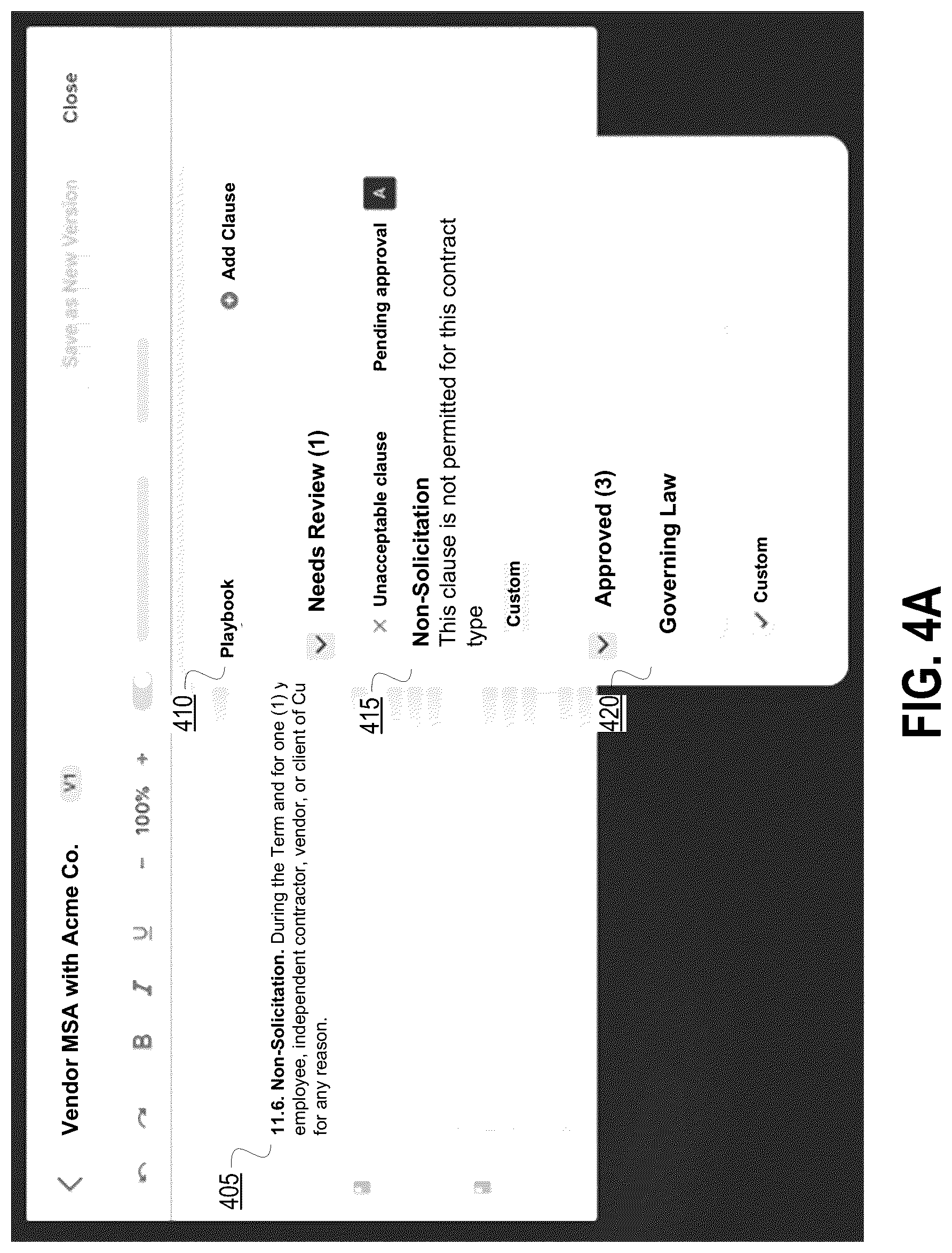 Patent US12307211 Figure 4 – Using machine learning models to analyze contractual terms and clauses in a legal contract, to recommend edits, and to make changes to a workflow