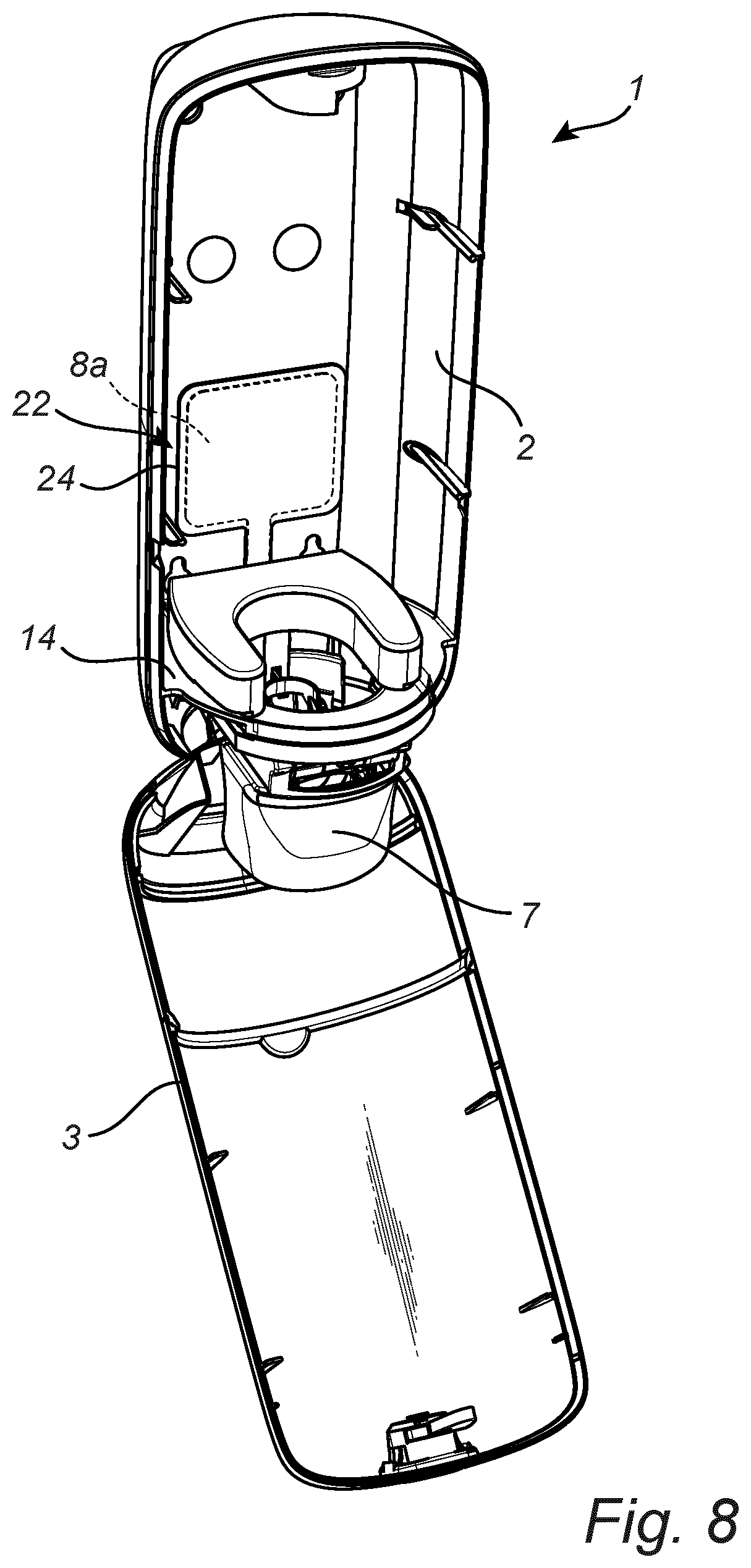 Patent US12307320 Figure 5 – Dispenser system comprising a dispenser and a replaceable liquid container