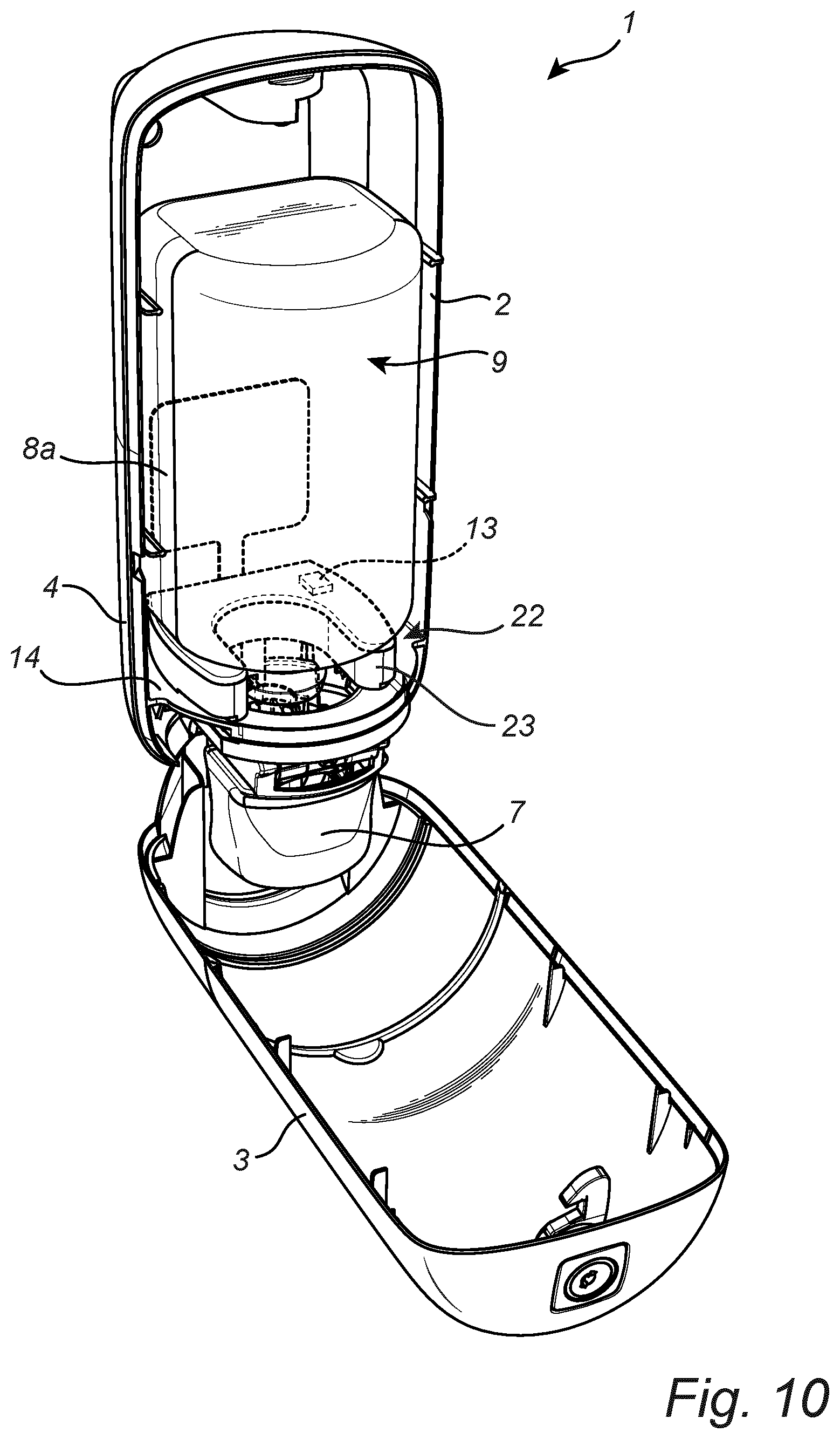 Patent US12307320 Figure 7 – Dispenser system comprising a dispenser and a replaceable liquid container