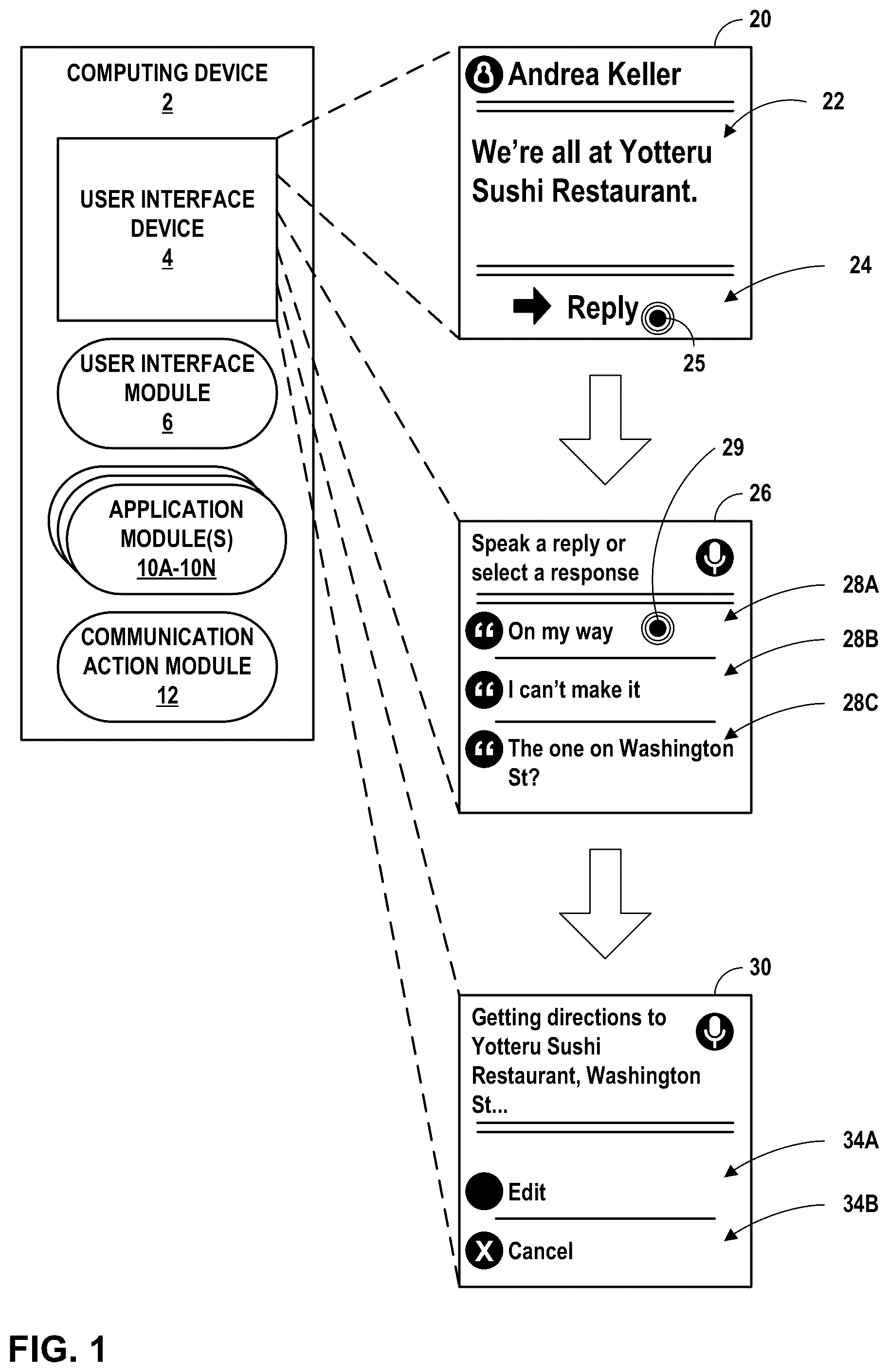 Patent US12307387 Figure 1 – Automatic actions based on contextual replies