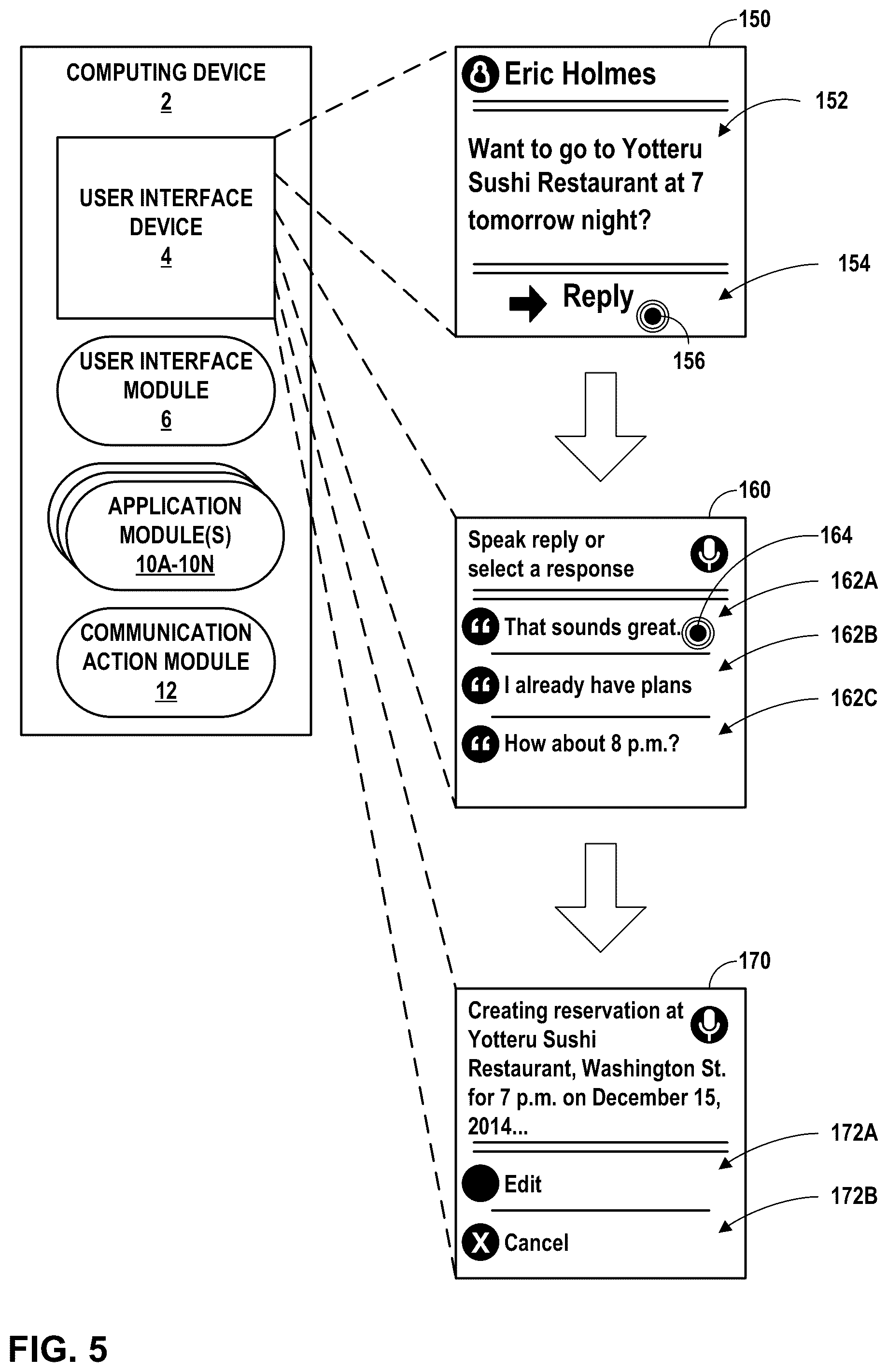 Patent US12307387 Figure 5 – Automatic actions based on contextual replies