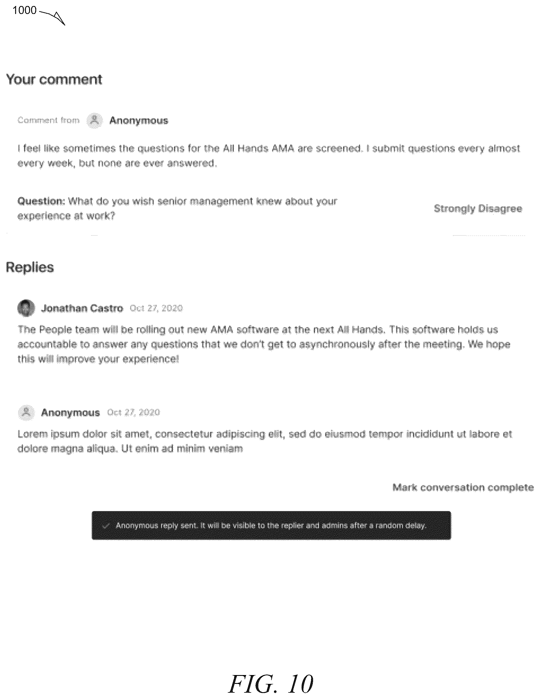 Patent US12307403 Figure 10 – Anonymous employee engagement system