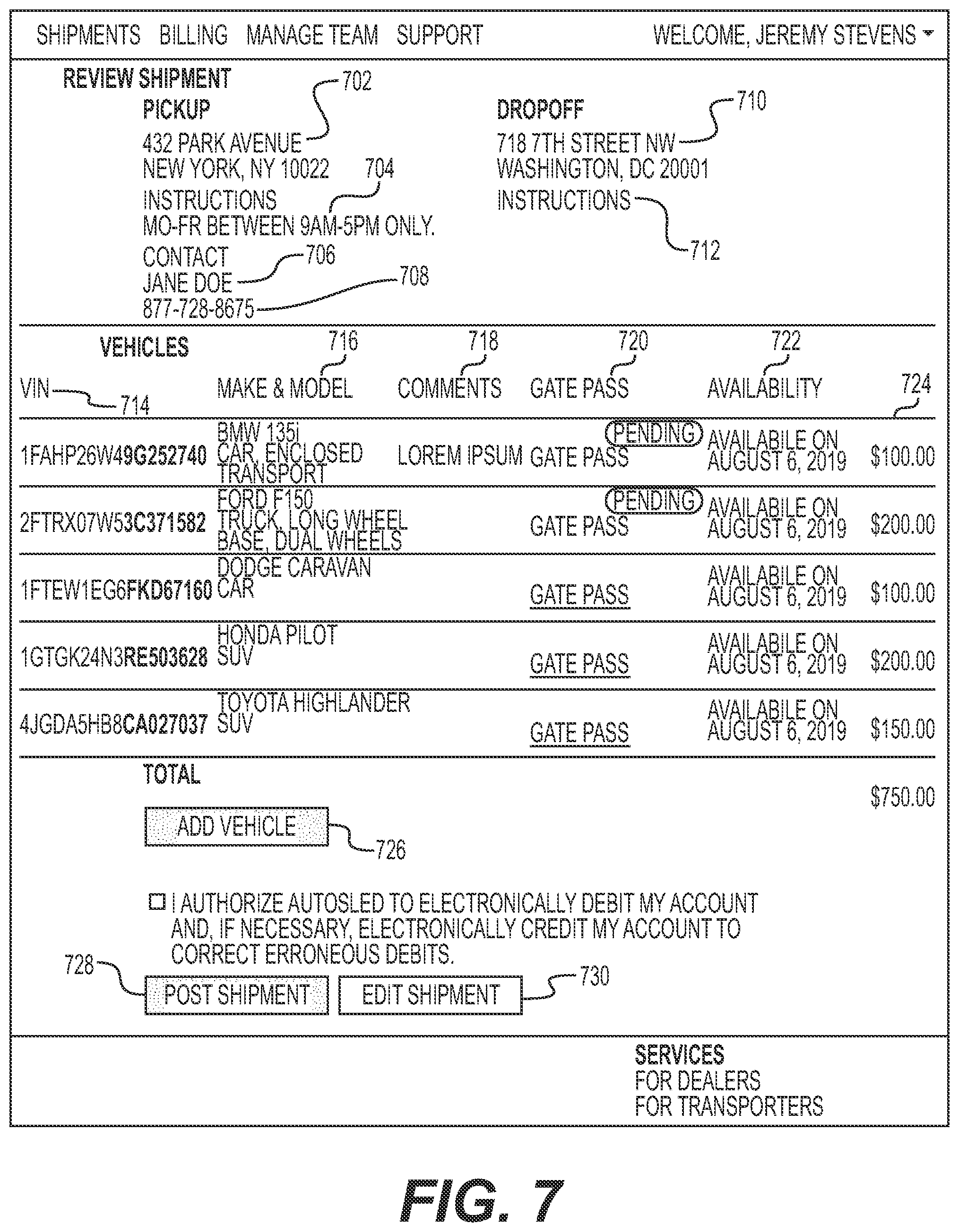 Patent US12307413 Figure 7 – Method and system for automated vehicle transportation