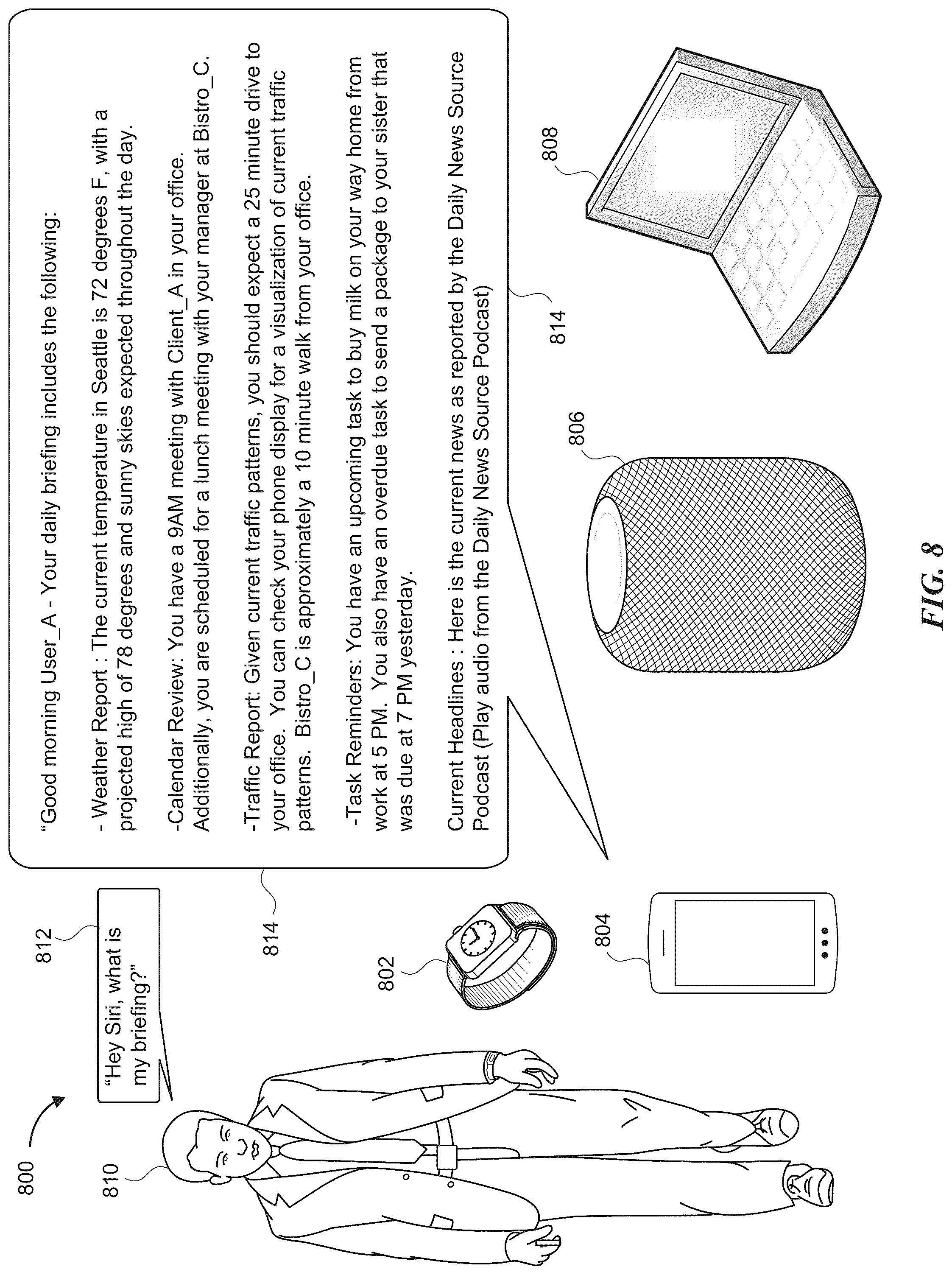 Patent US12307423 Figure 13 – Digital assistant-enabled daily briefings