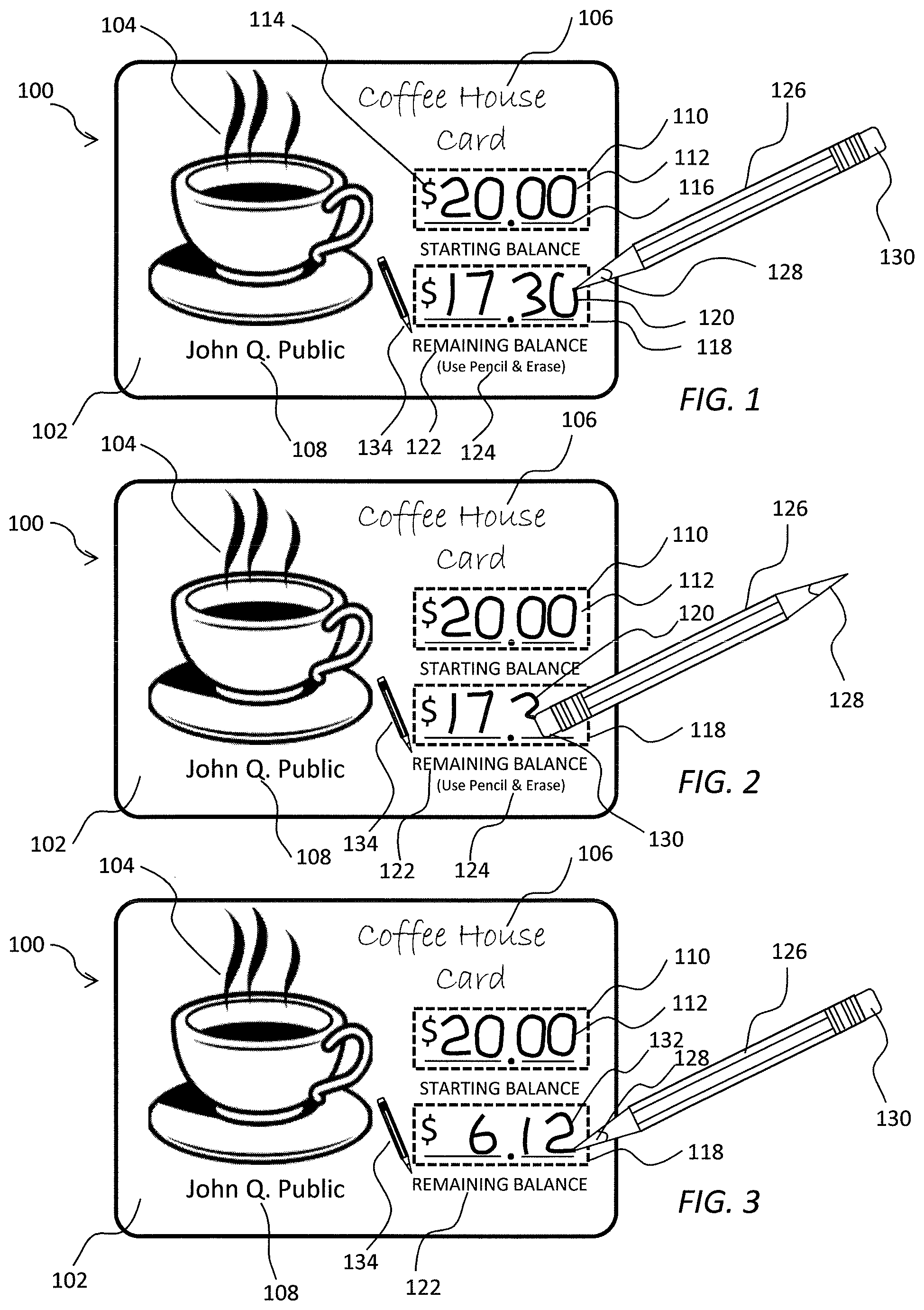 Patent US12307436 Figure 1 – Gift card with balance indicator panels