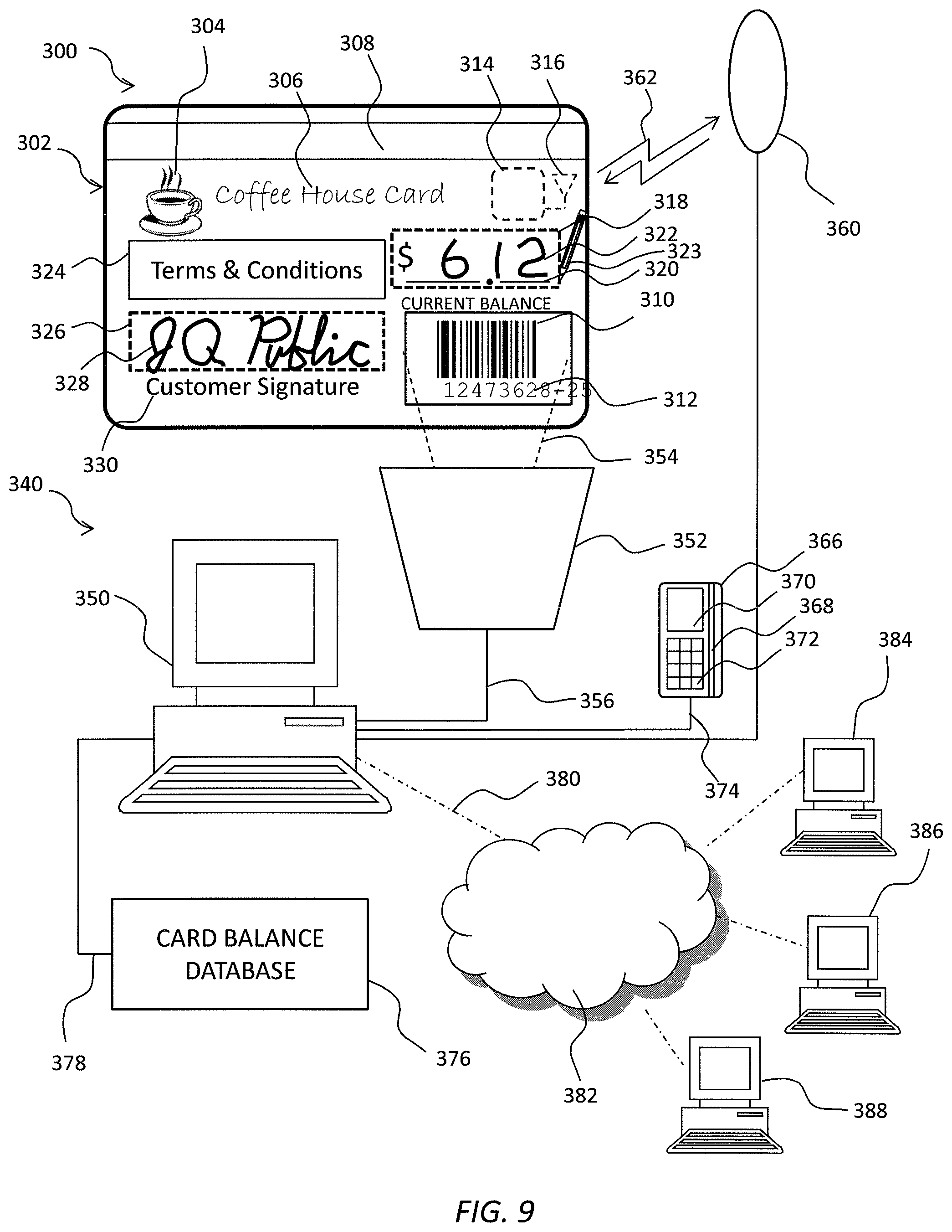 Patent US12307436 Figure 4 – Gift card with balance indicator panels