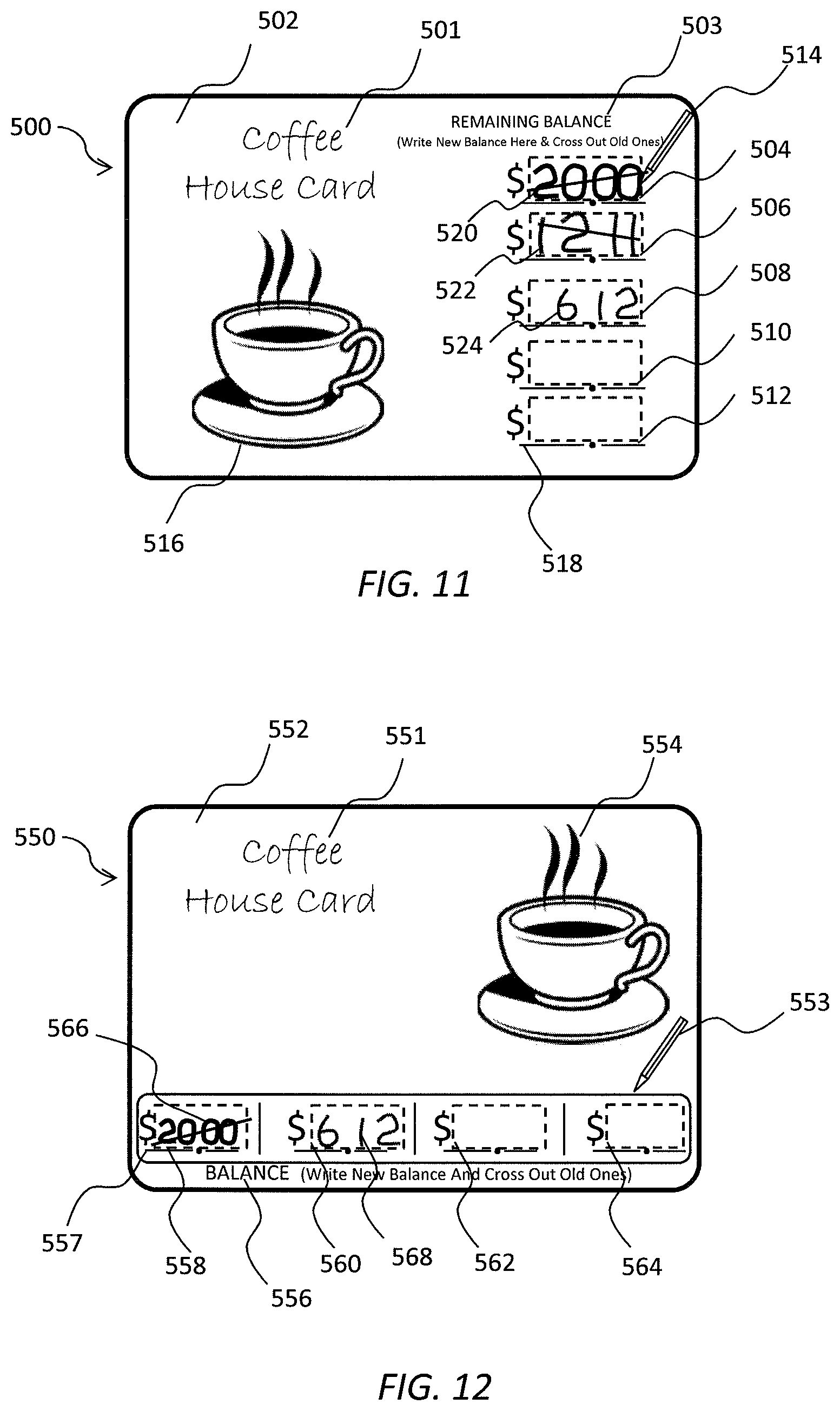 Patent US12307436 Figure 6 – Gift card with balance indicator panels