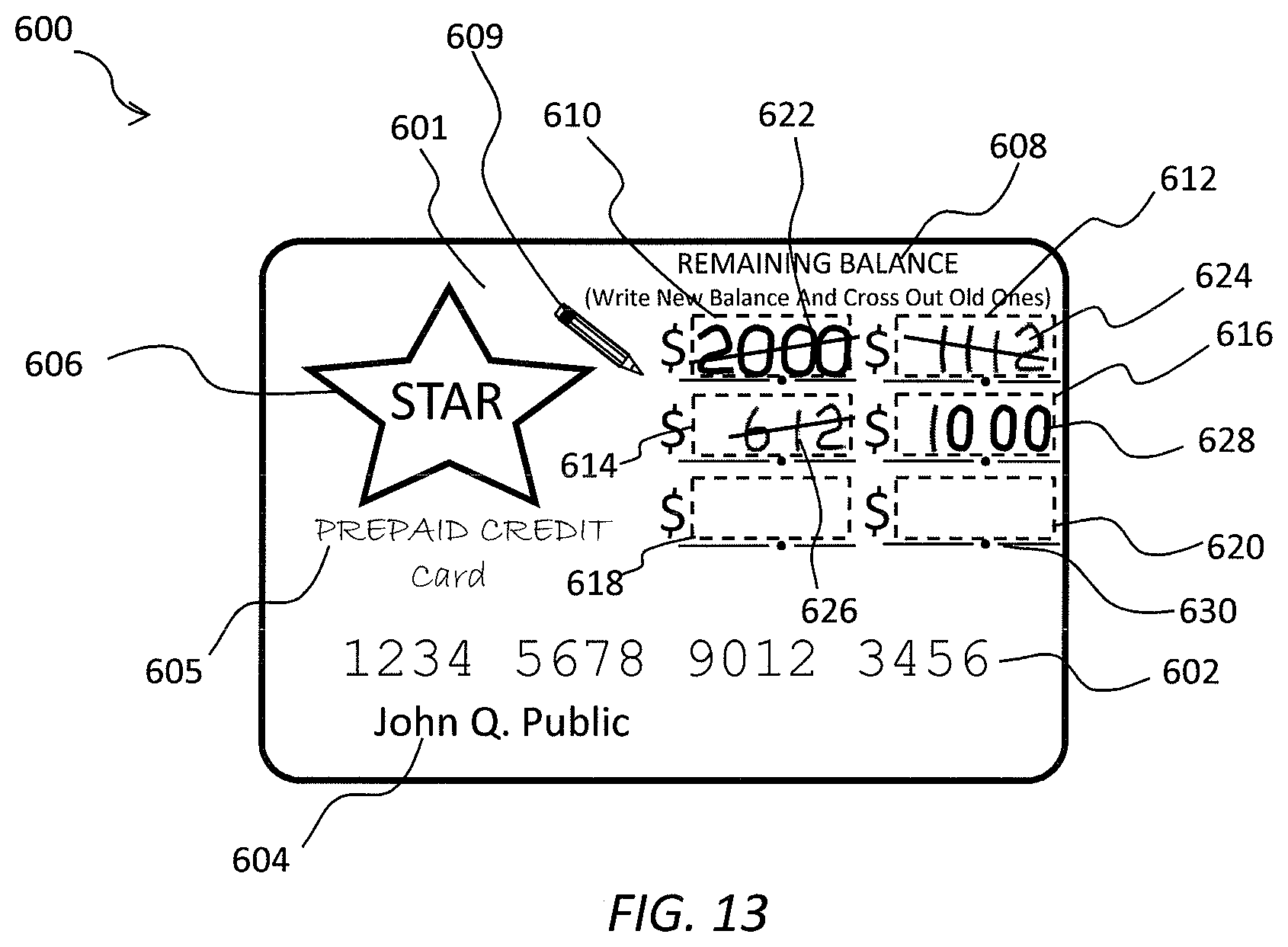 Patent US12307436 Figure 7 – Gift card with balance indicator panels