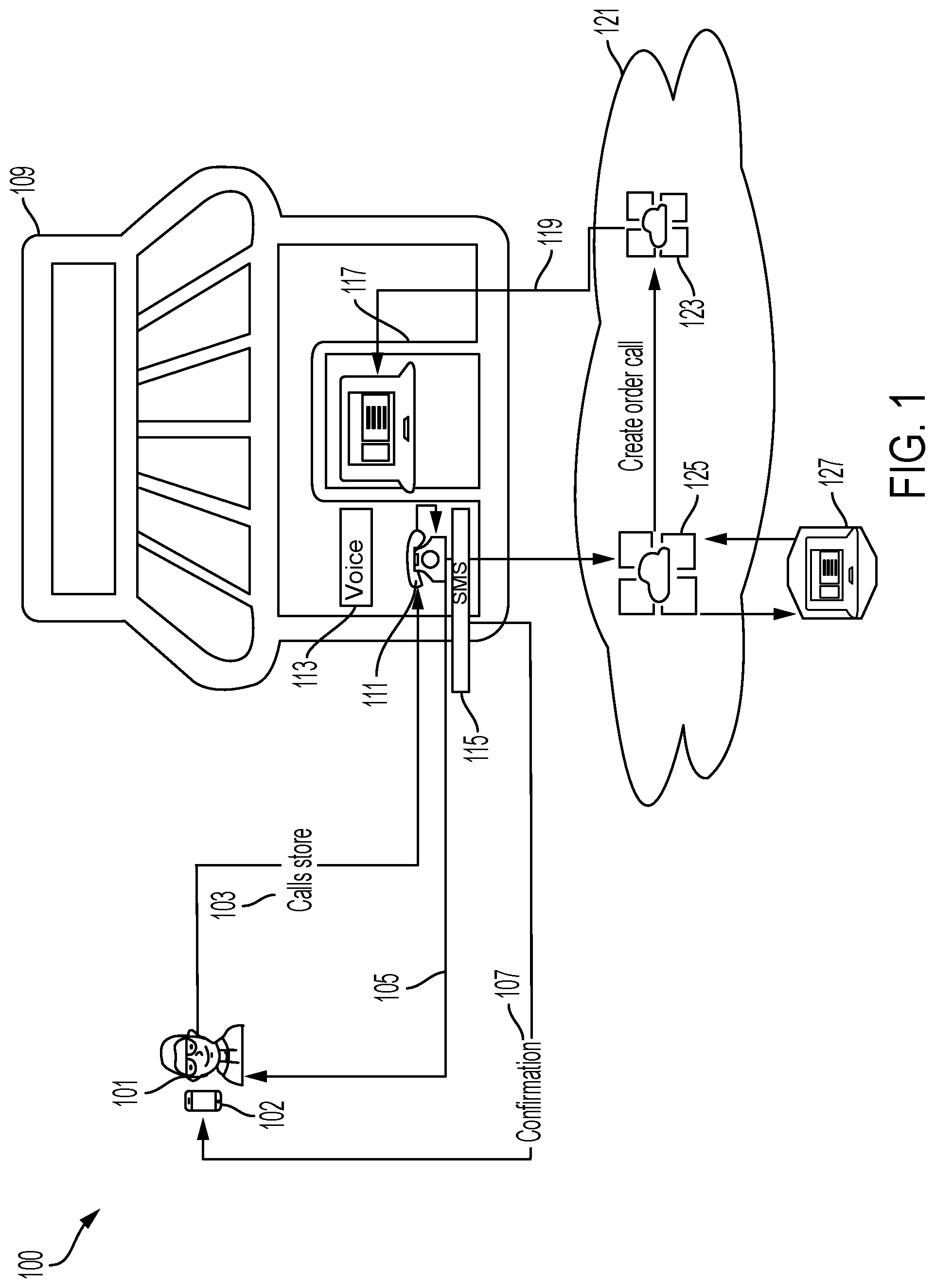 Patent US12307505 Figure 1 – System for eatery ordering with mobile interface and point-of-sale terminal