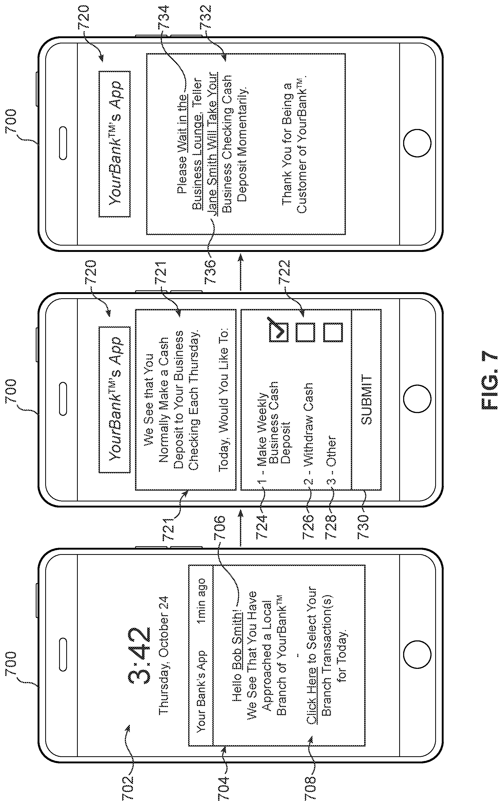 Patent US12307511 Figure 7 – Systems and methods for touchless in-person bank customer service