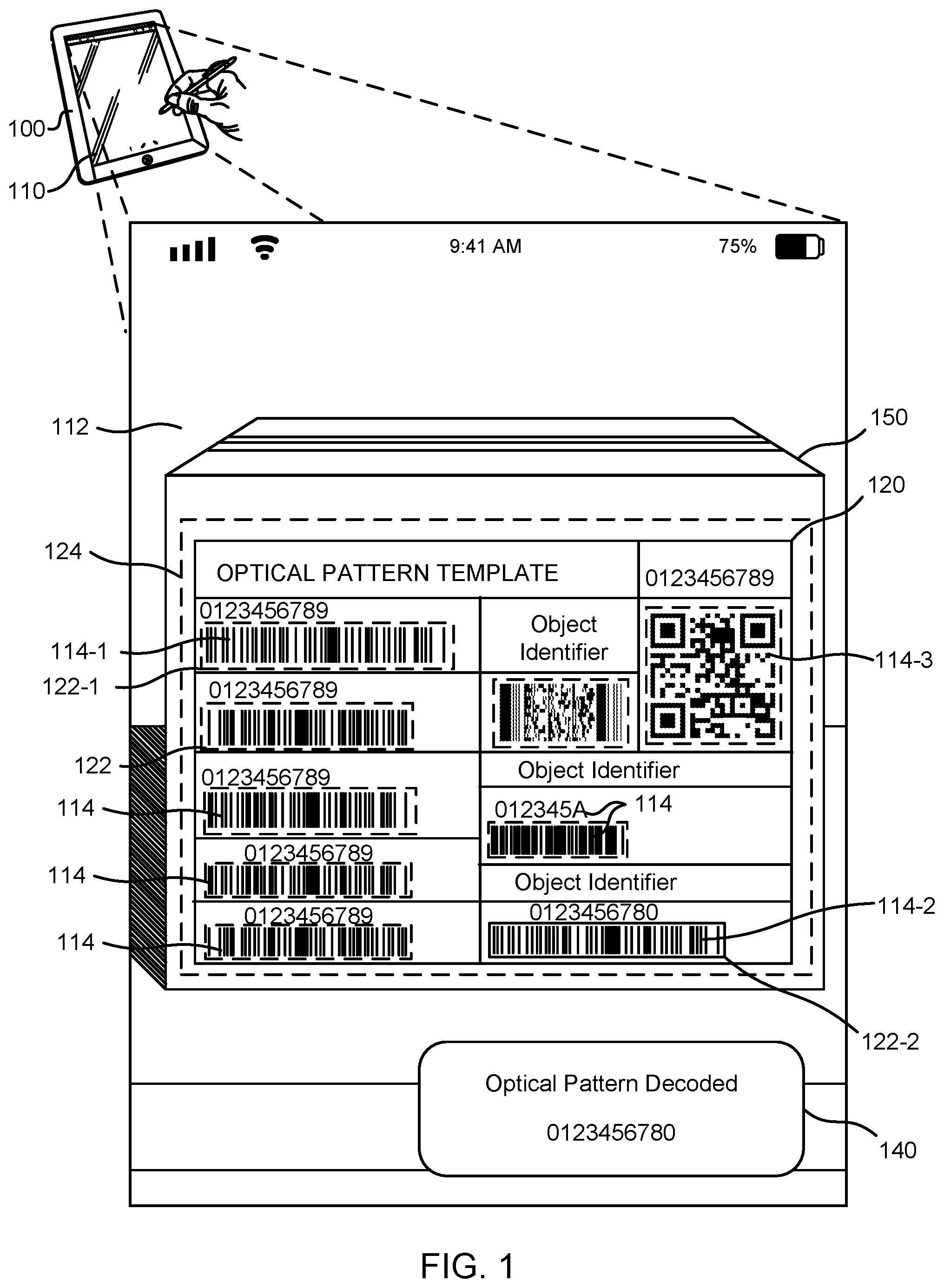 Patent US12307552 Figure 1 – Selection and decoding of an optical pattern within a real scene using a frozen image from a video preview
