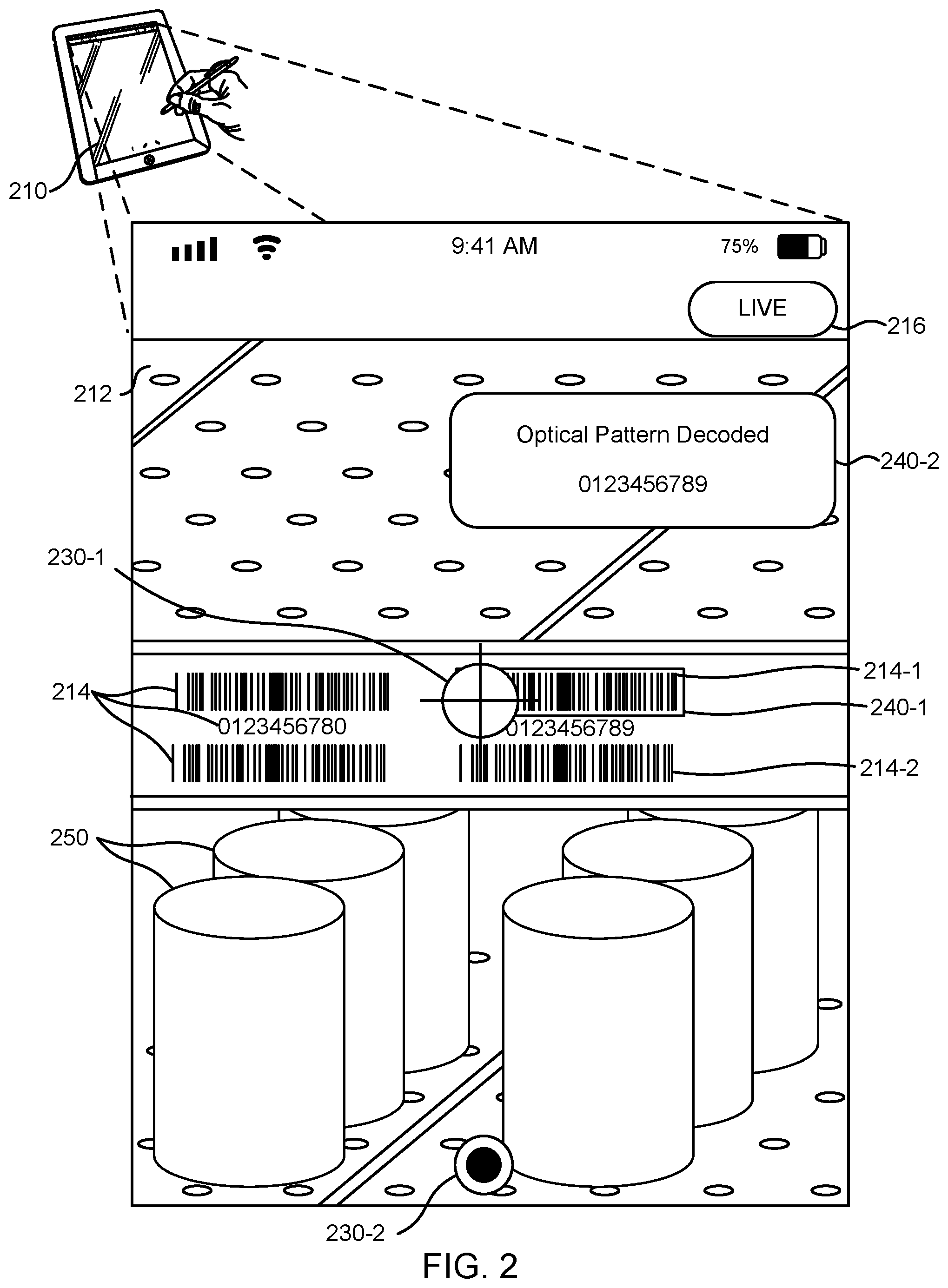 Patent US12307552 Figure 2 – Selection and decoding of an optical pattern within a real scene using a frozen image from a video preview