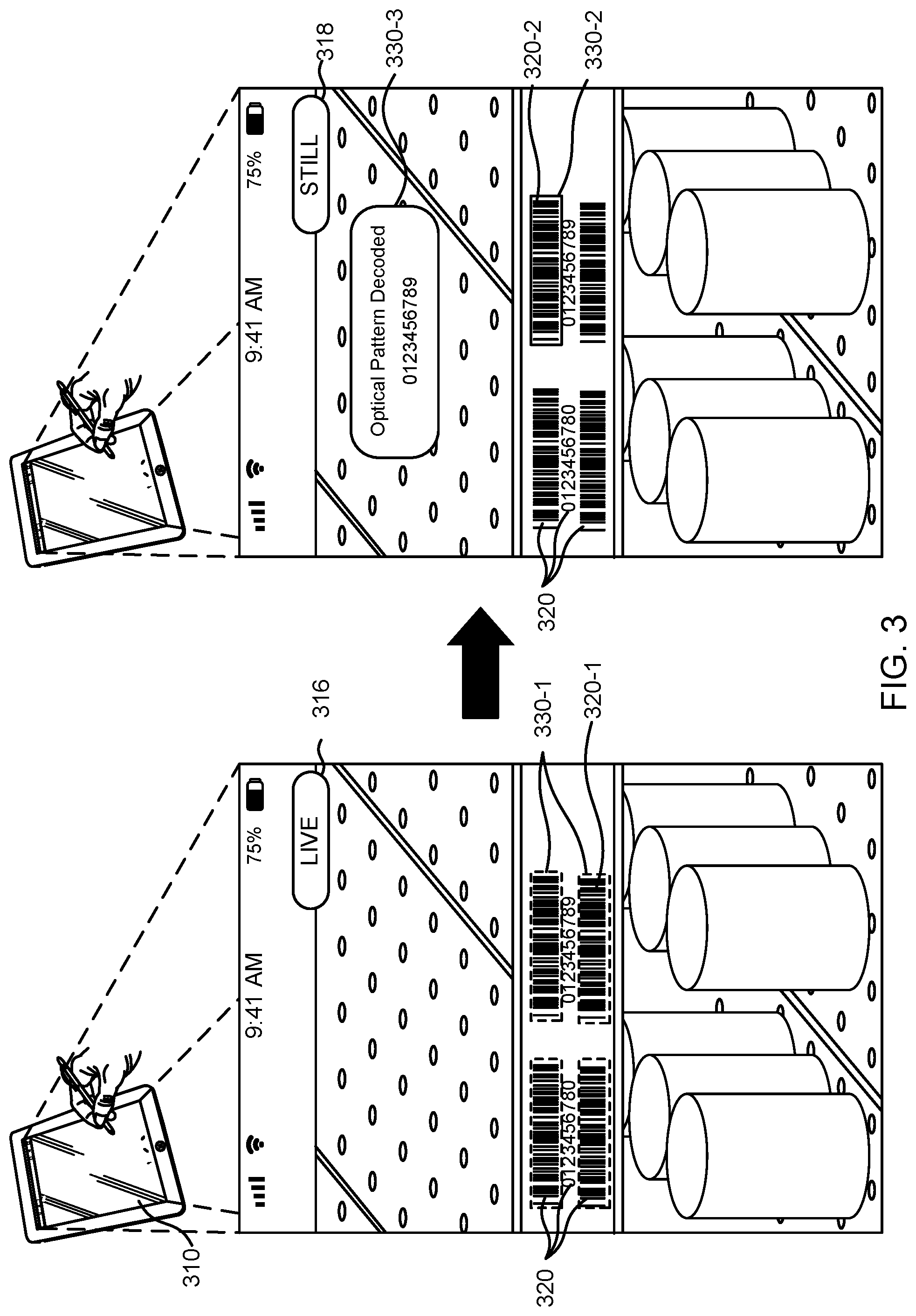 Patent US12307552 Figure 3 – Selection and decoding of an optical pattern within a real scene using a frozen image from a video preview