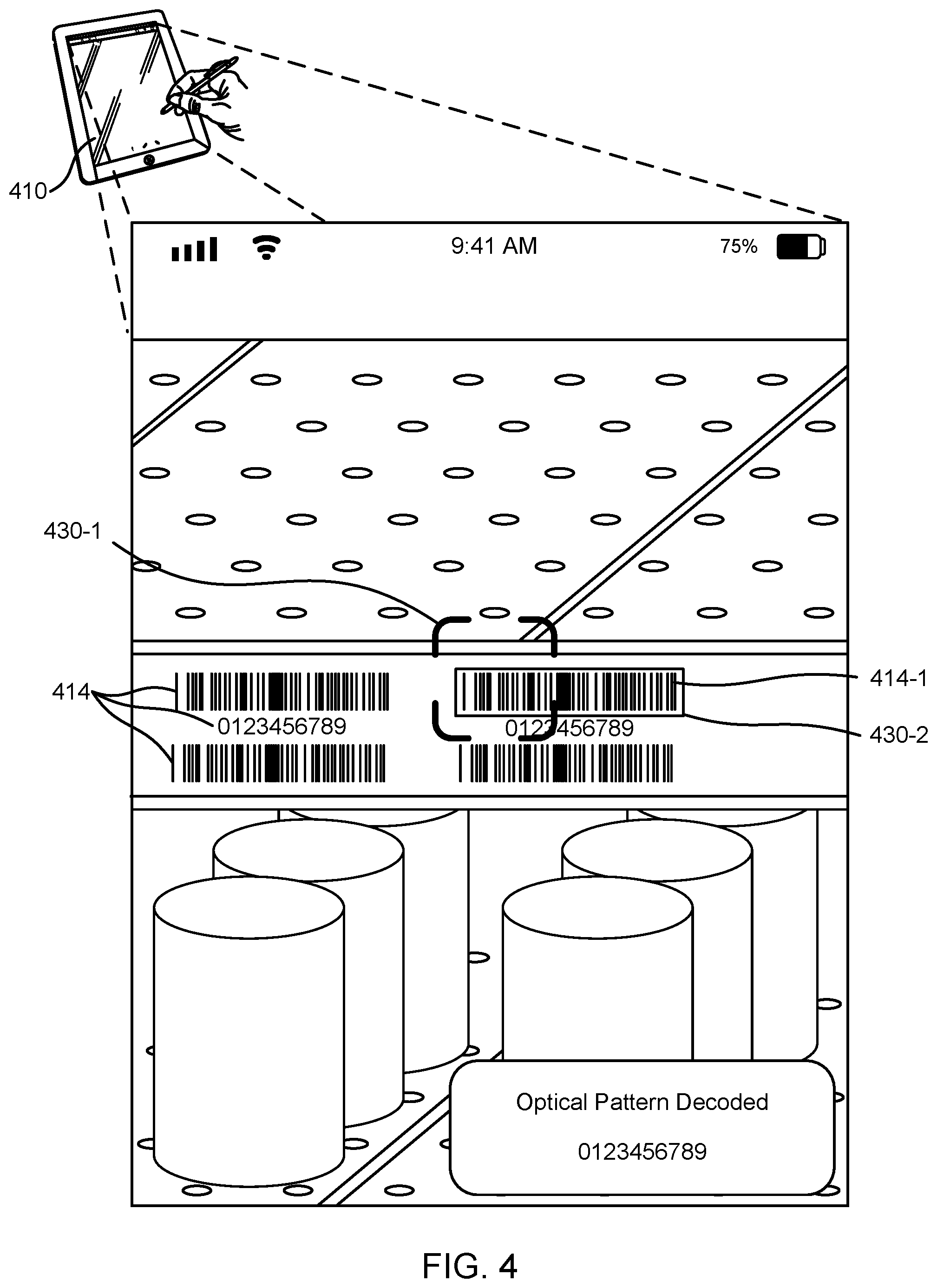 Patent US12307552 Figure 4 – Selection and decoding of an optical pattern within a real scene using a frozen image from a video preview