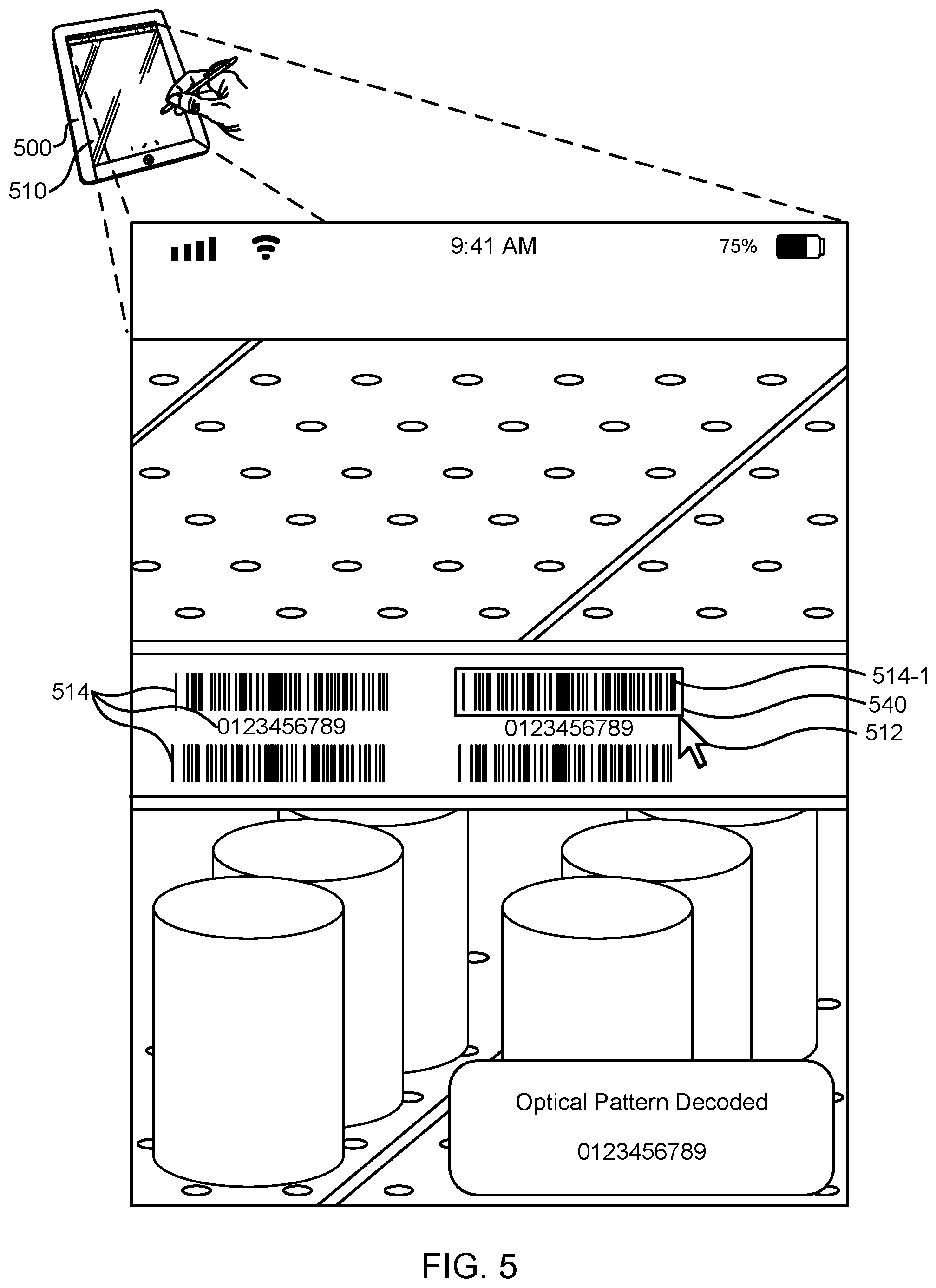 Patent US12307552 Figure 5 – Selection and decoding of an optical pattern within a real scene using a frozen image from a video preview