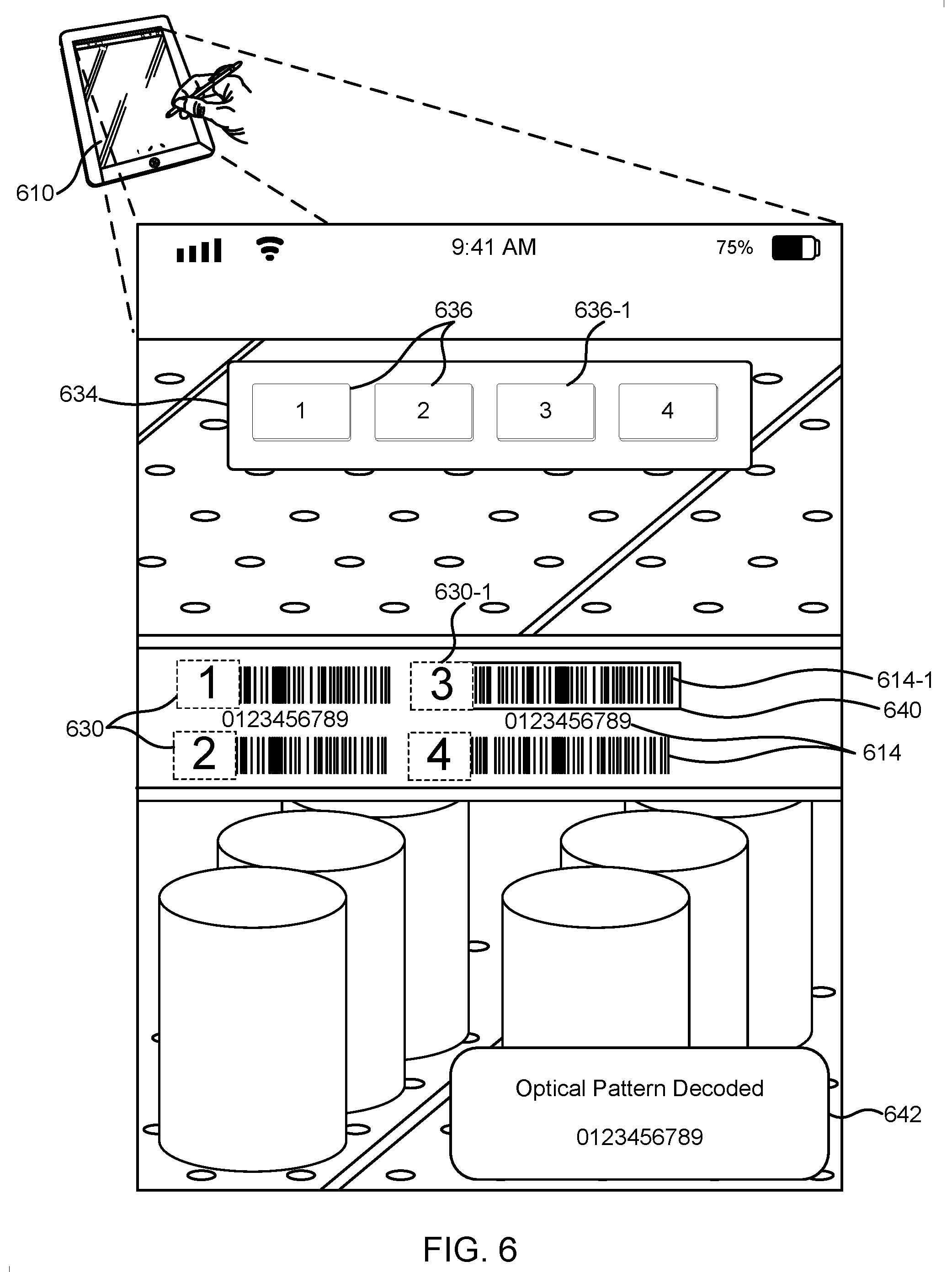Patent US12307552 Figure 6 – Selection and decoding of an optical pattern within a real scene using a frozen image from a video preview
