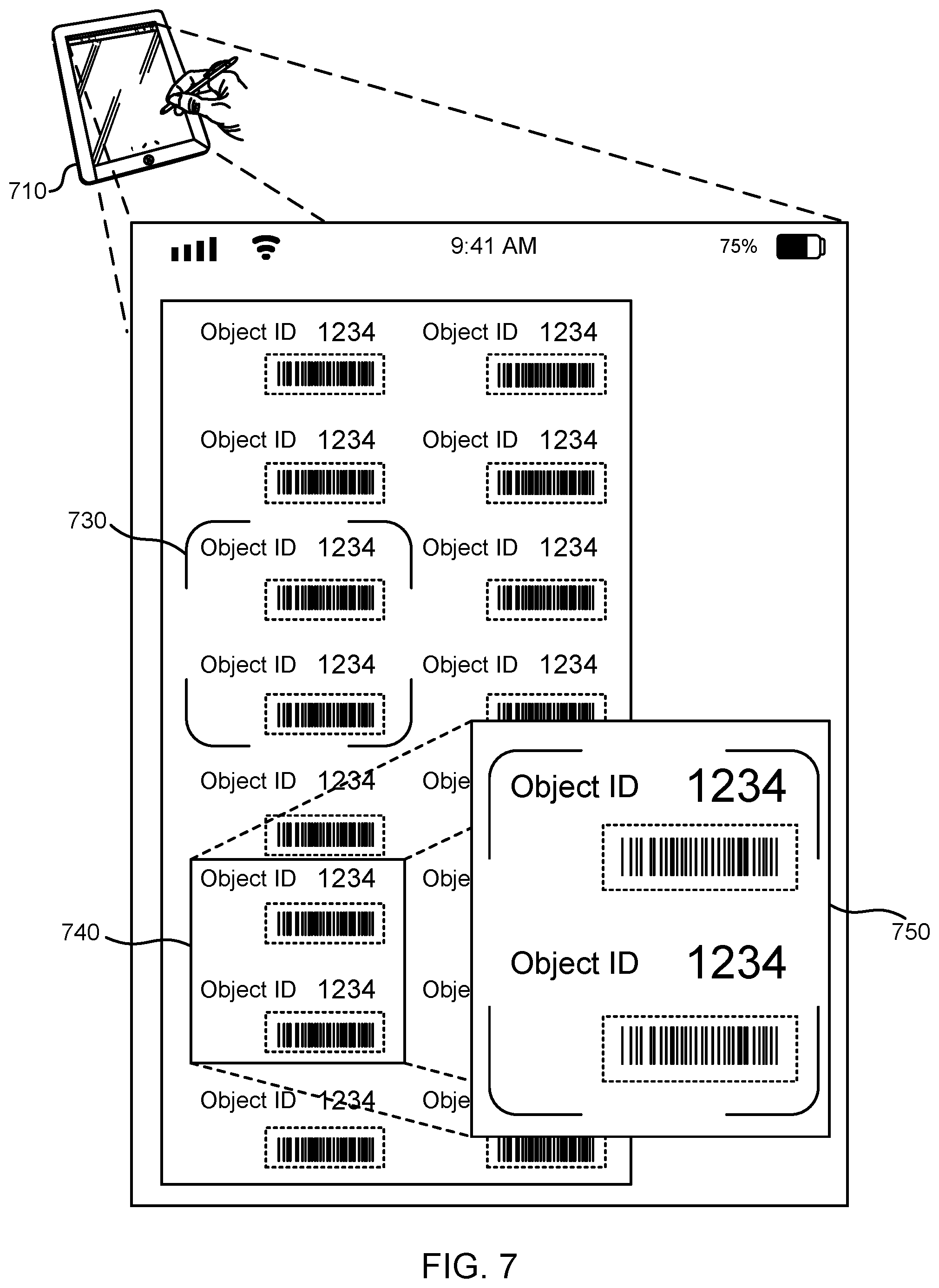 Patent US12307552 Figure 7 – Selection and decoding of an optical pattern within a real scene using a frozen image from a video preview