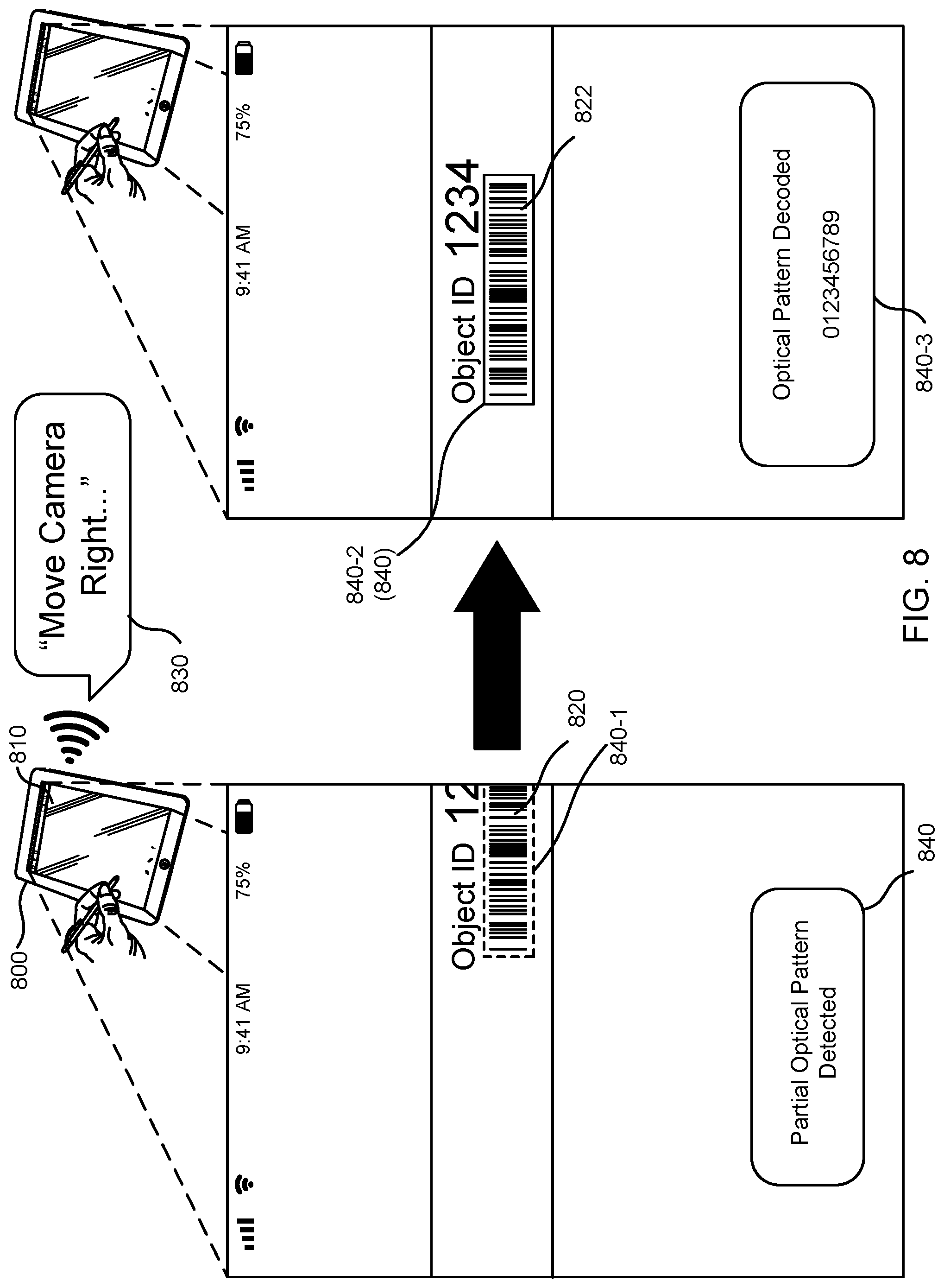Patent US12307552 Figure 8 – Selection and decoding of an optical pattern within a real scene using a frozen image from a video preview