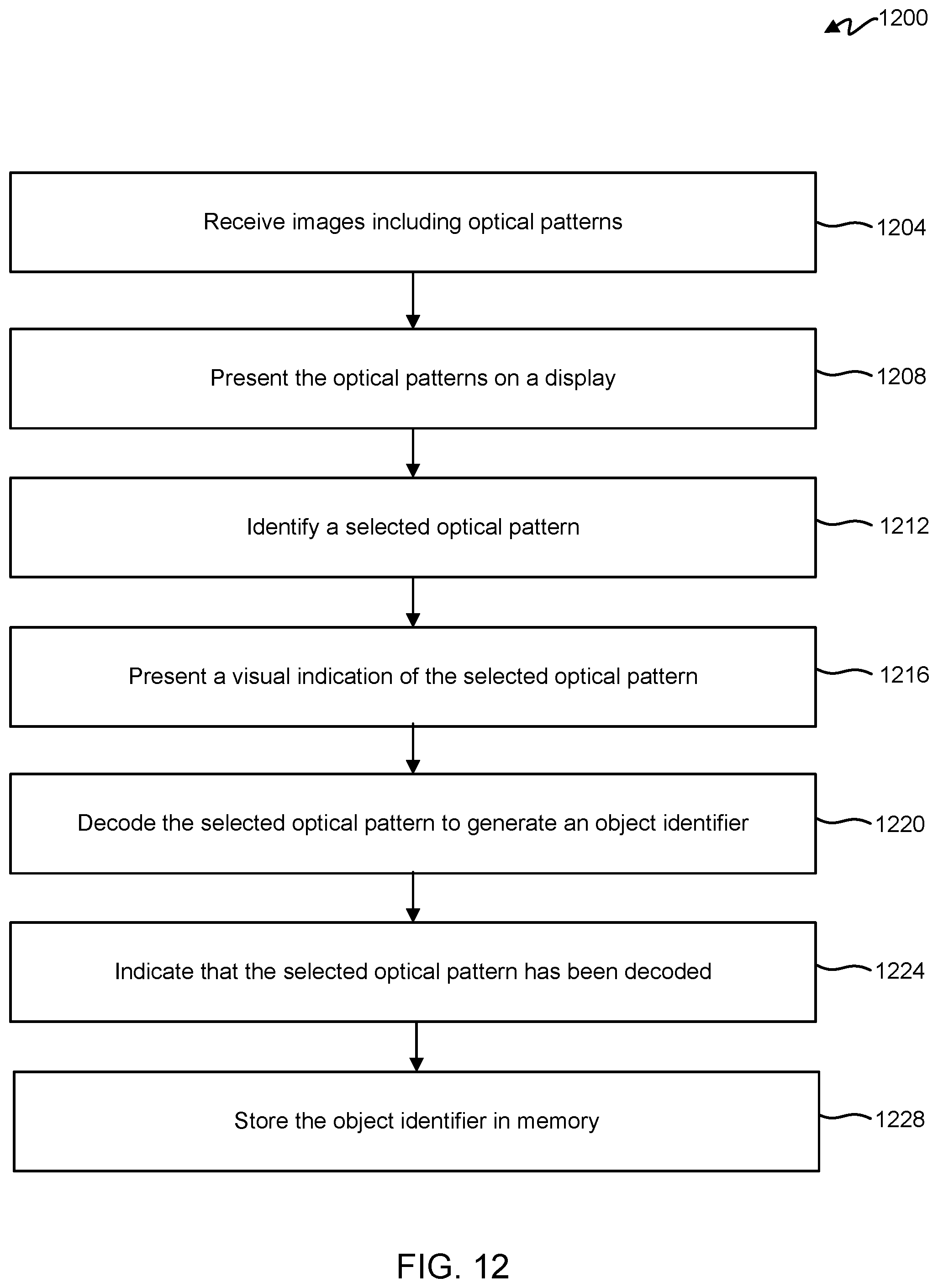Patent US12307552 Figure 12 – Selection and decoding of an optical pattern within a real scene using a frozen image from a video preview