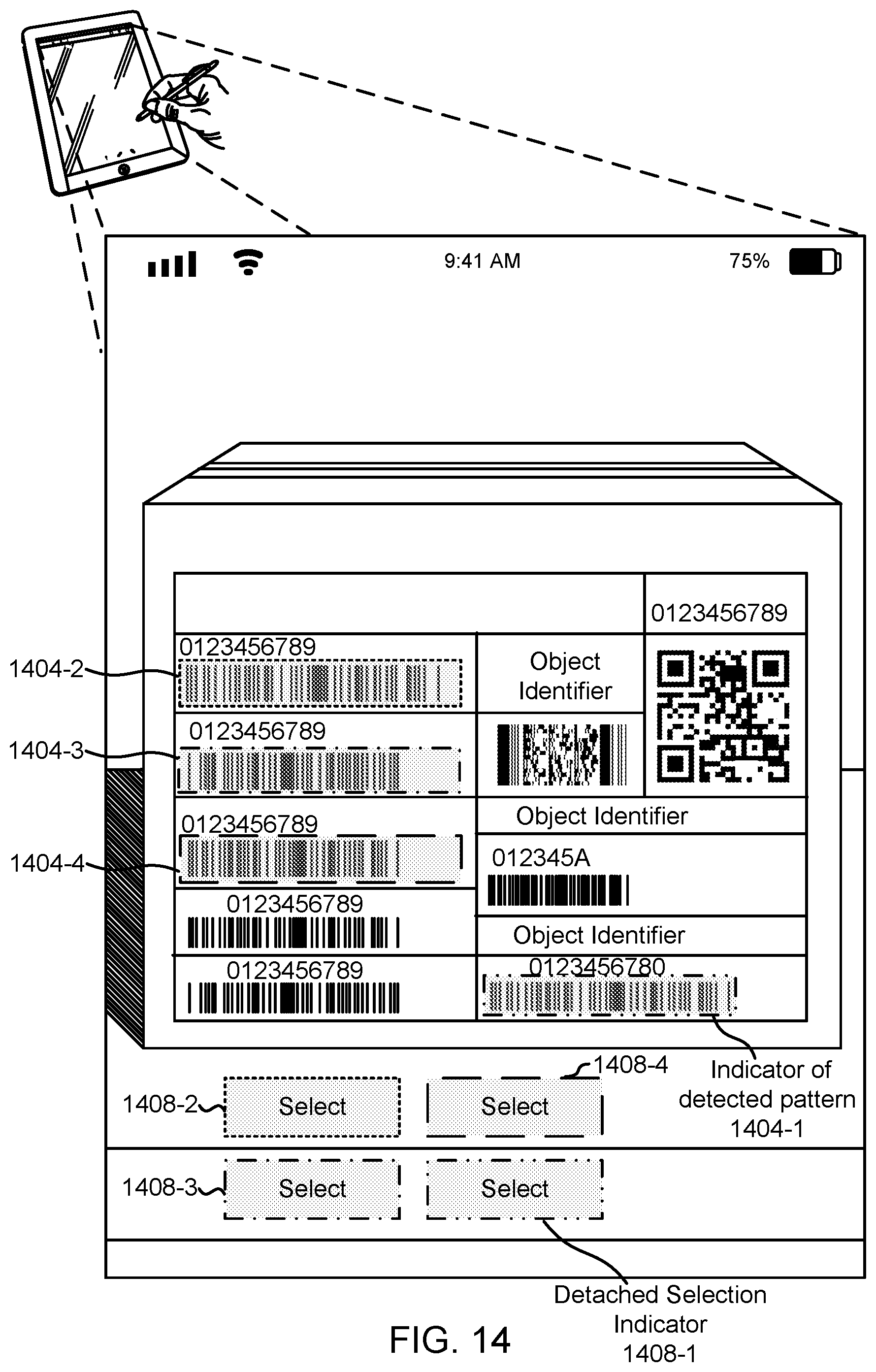 Patent US12307552 Figure 14 – Selection and decoding of an optical pattern within a real scene using a frozen image from a video preview