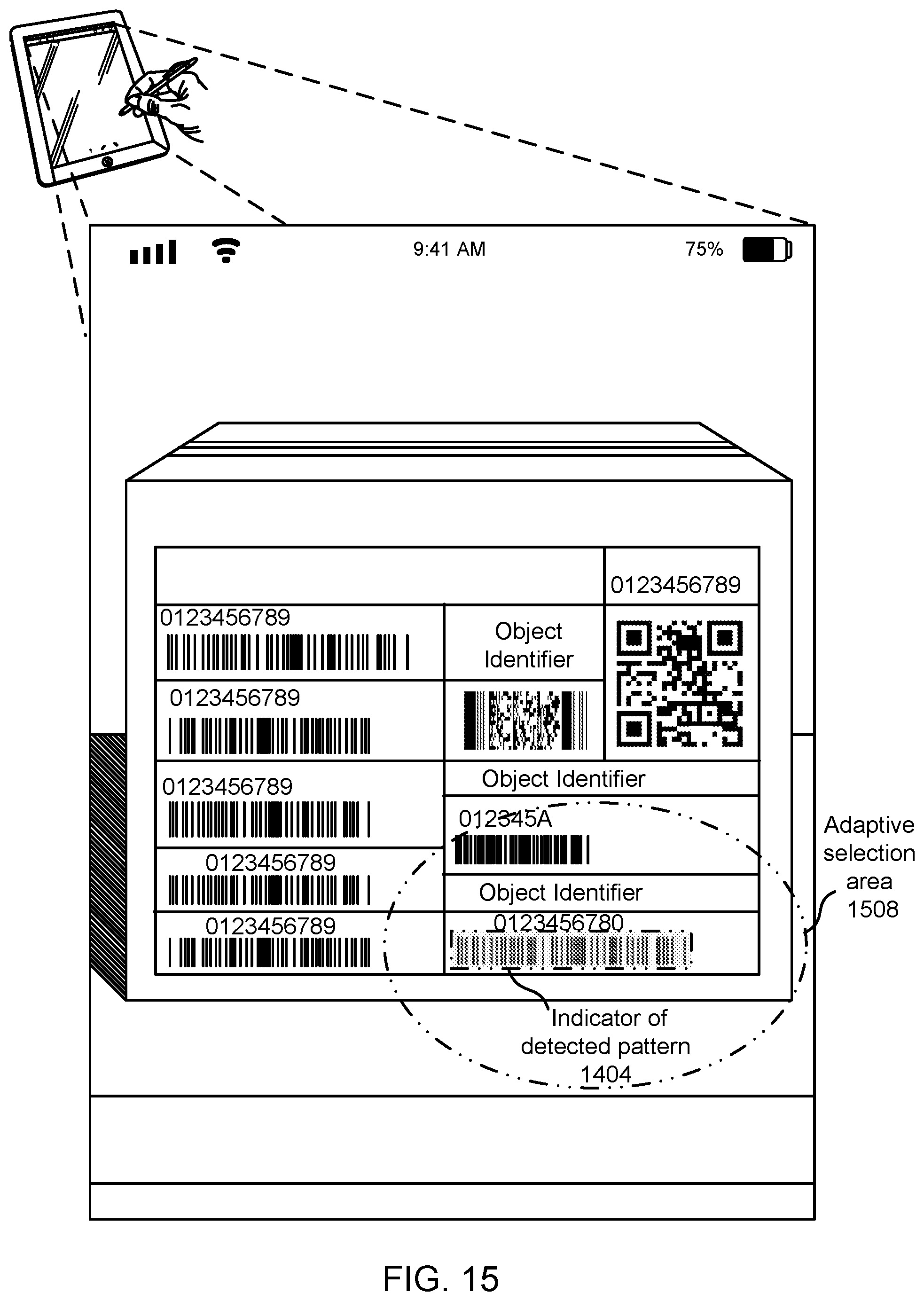 Patent US12307552 Figure 15 – Selection and decoding of an optical pattern within a real scene using a frozen image from a video preview