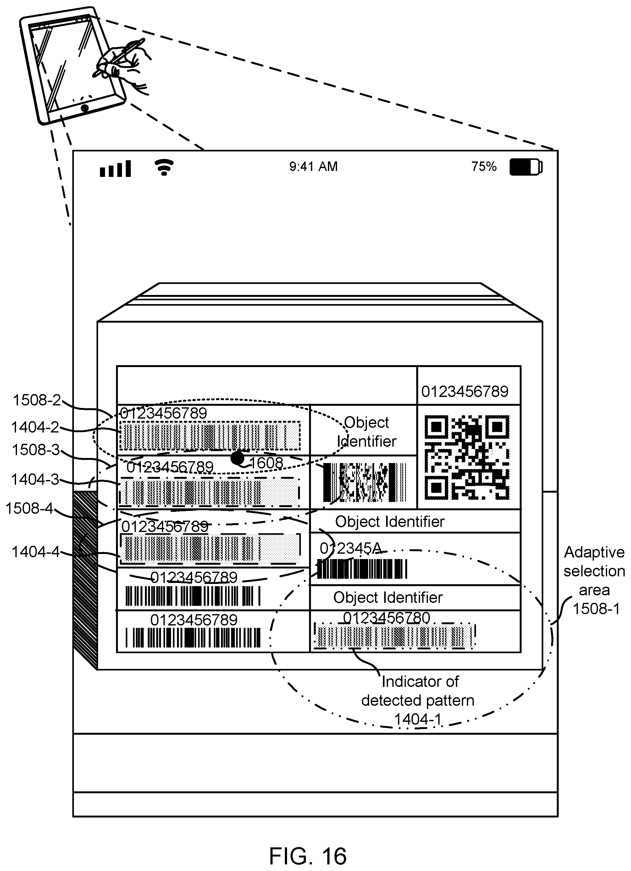 Patent US12307552 Figure 16 – Selection and decoding of an optical pattern within a real scene using a frozen image from a video preview