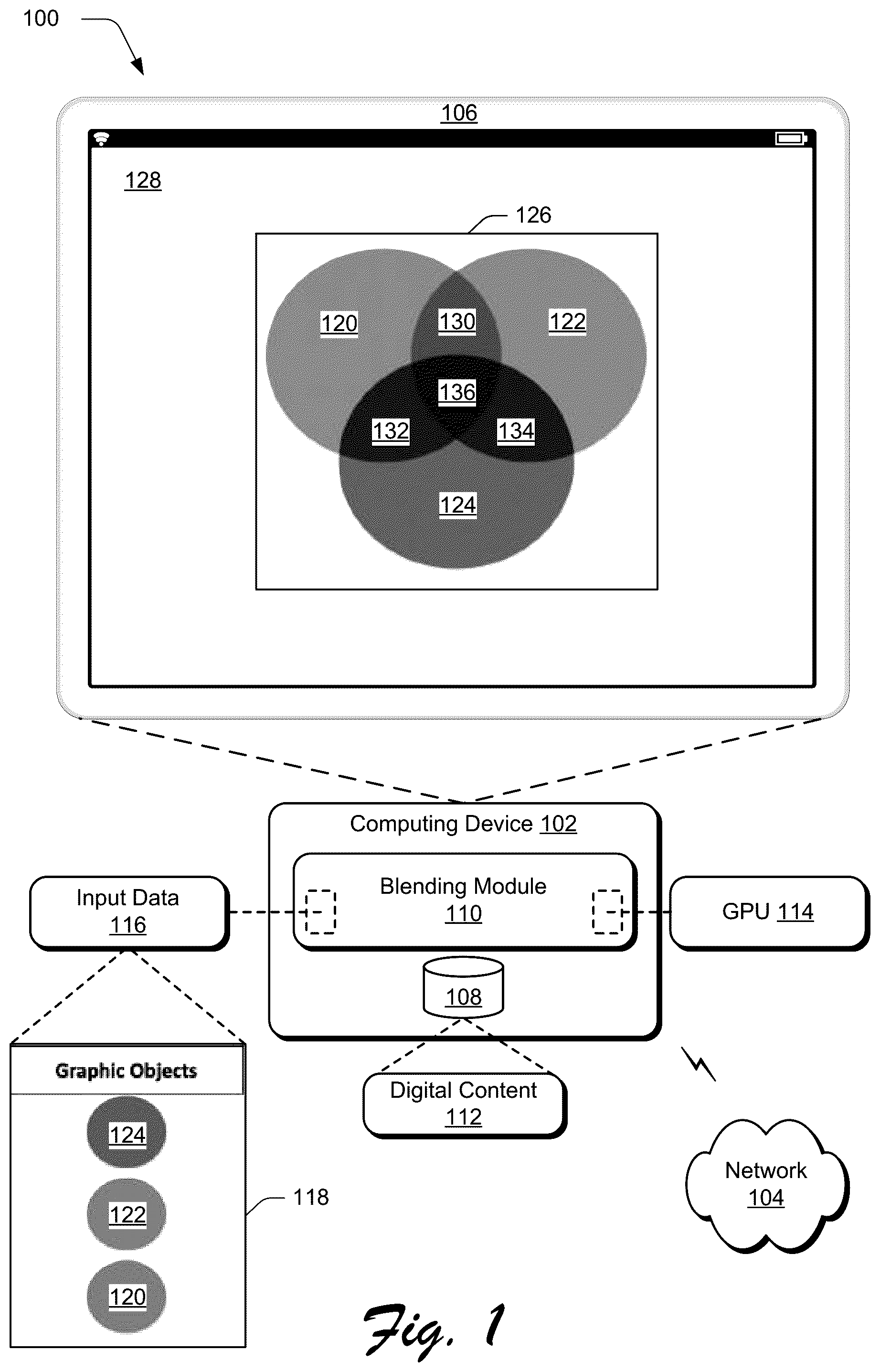 Patent US12307584 Figure 1 – Systems for efficiently generating blend objects