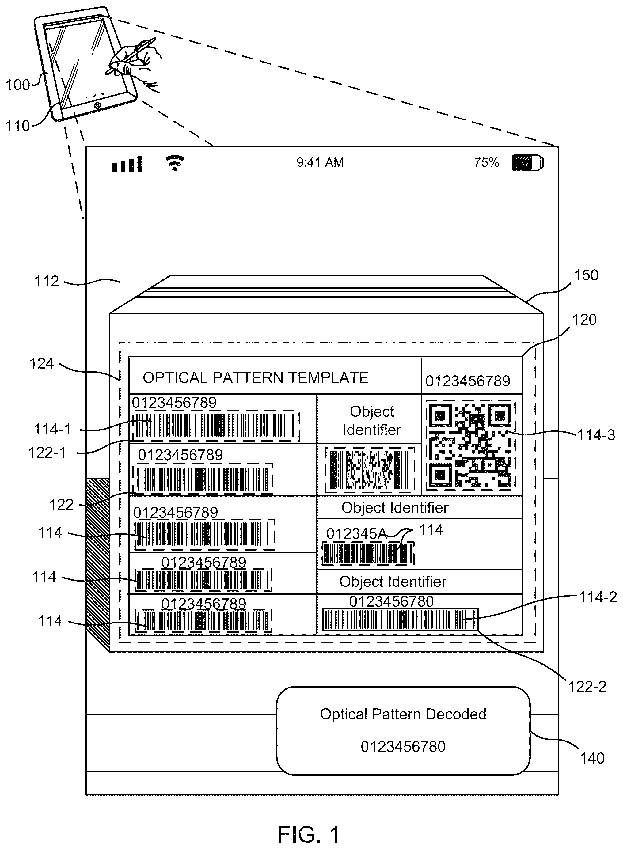 Patent US12307737 Figure 1 – Adaptive selection area for image-based decoding of optical patterns